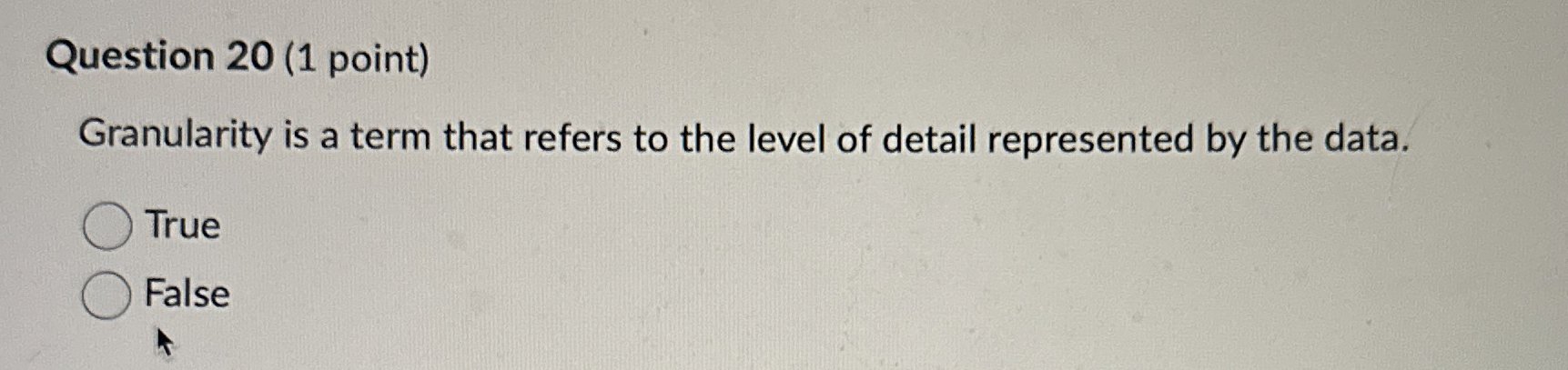 Question 2 0 ( 1 point ) Granularity is a term