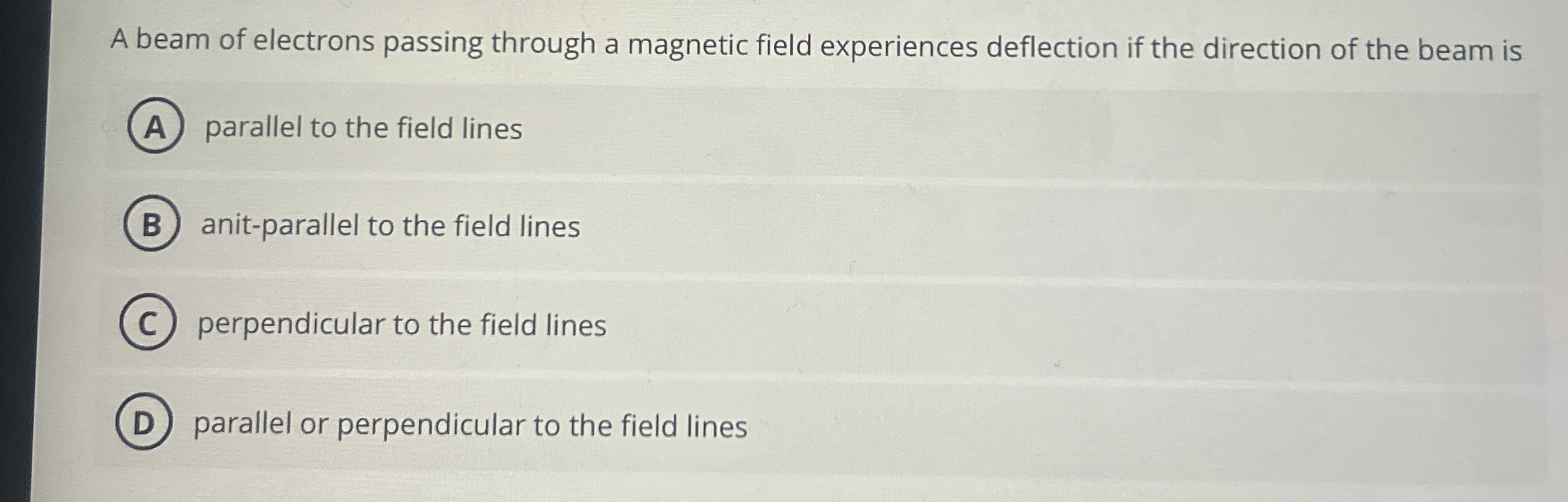 A beam of electrons passing through a magnetic
