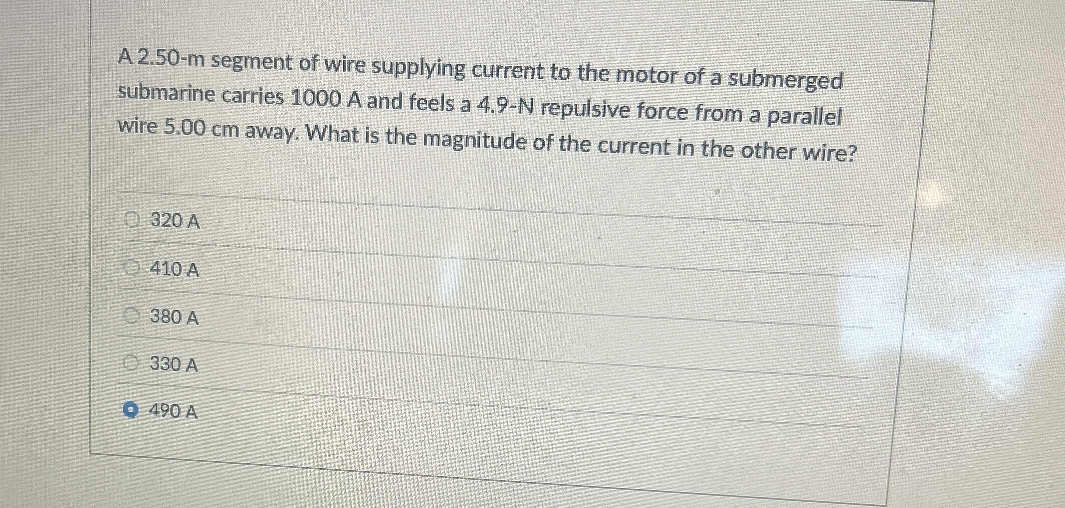 A 2 . 5 0 - m segment of wire supplying current