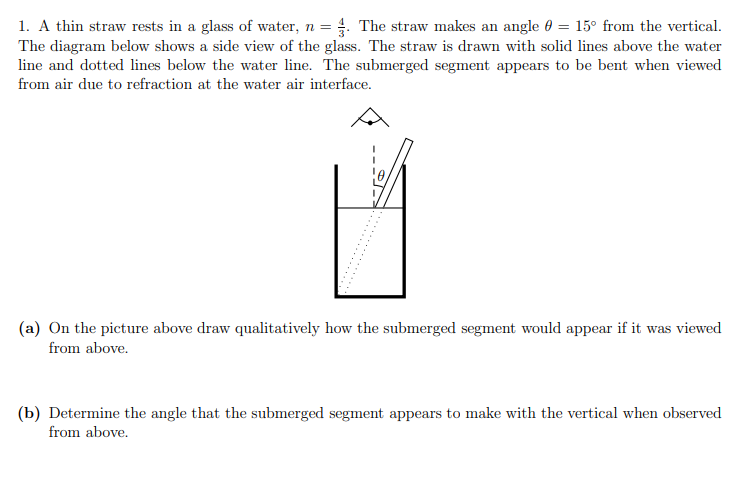 1 . A thin straw rests in a glass of water, \ ( n