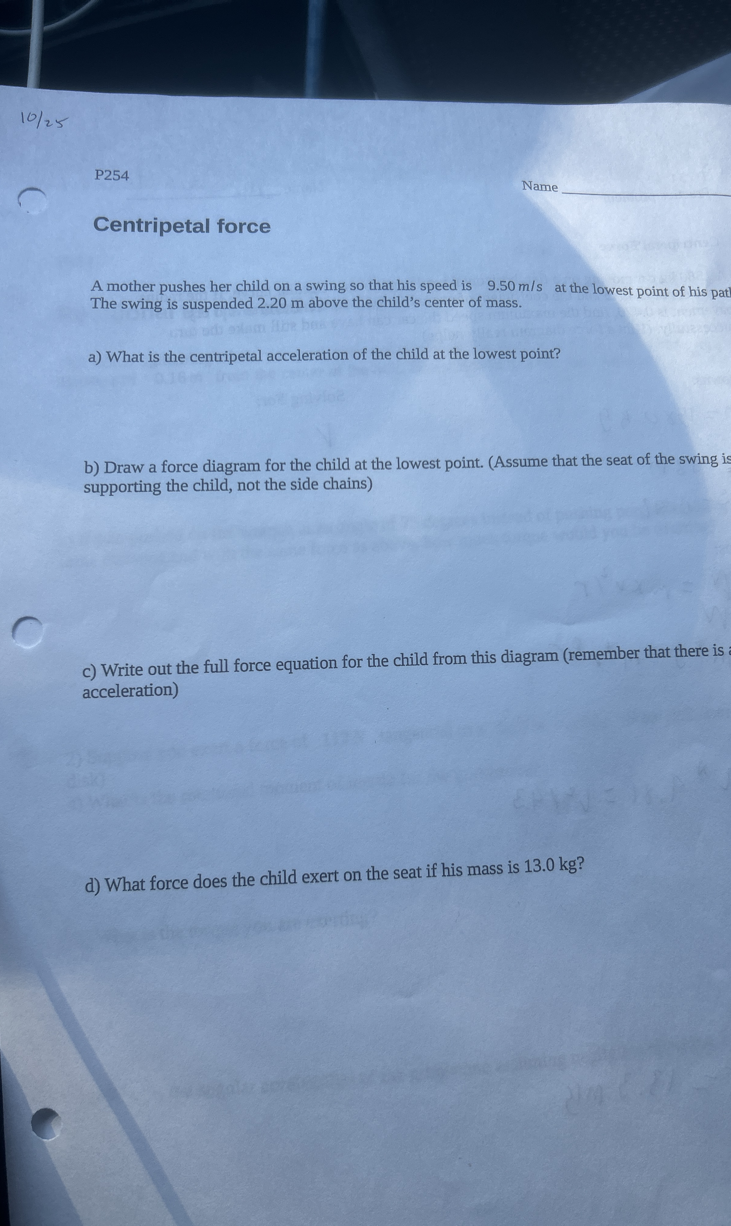 1 0 2 5 P 2 5 4 Name Centripetal force A mother