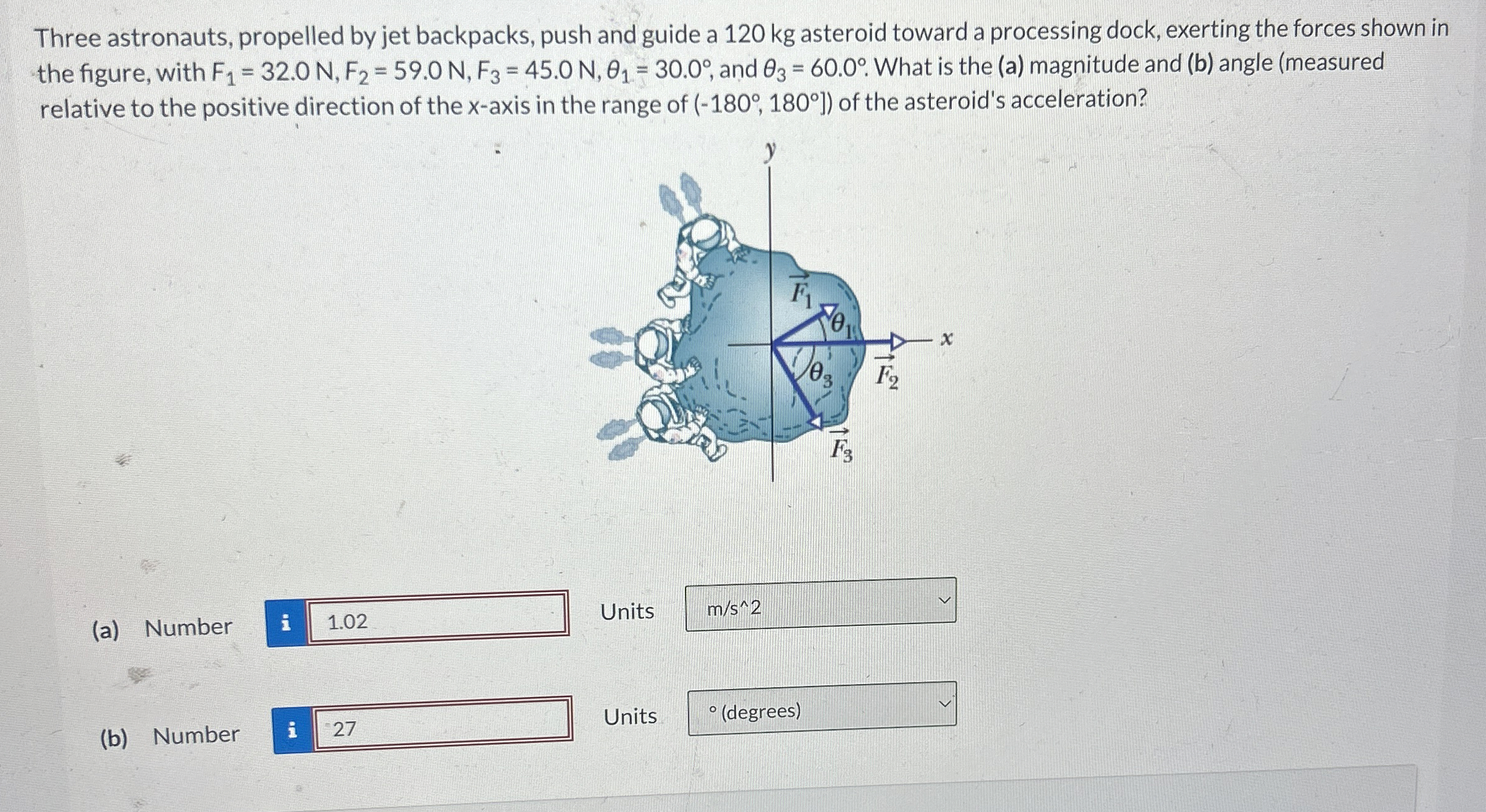 Three astronauts, propelled by jet backpacks,