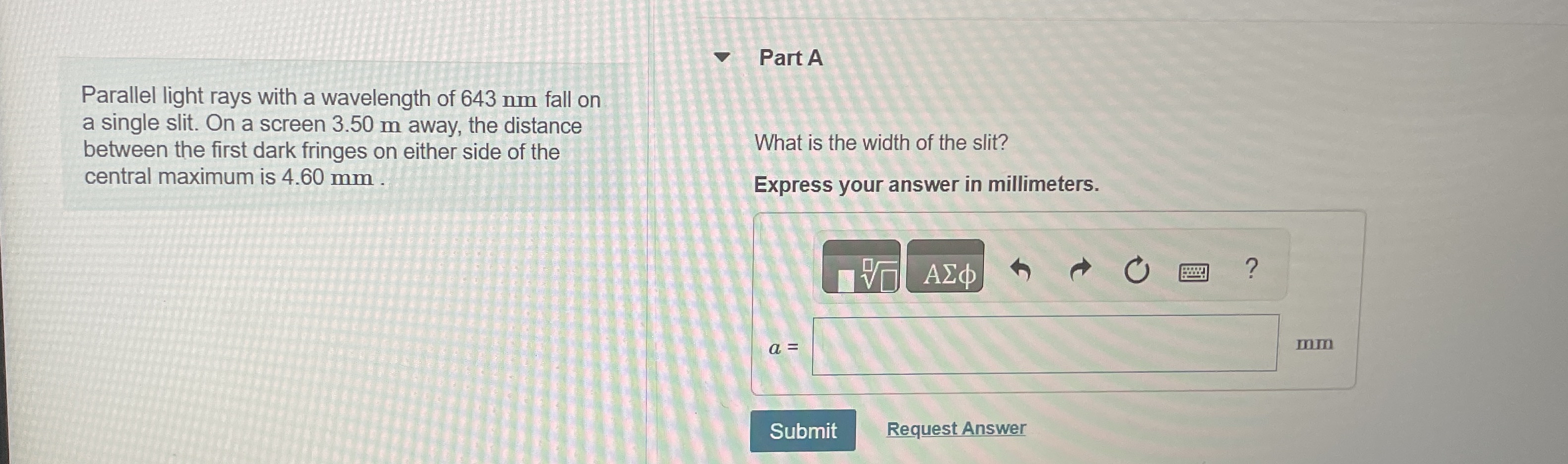 Parallel light rays with a wavelength of 6 4 3 nm