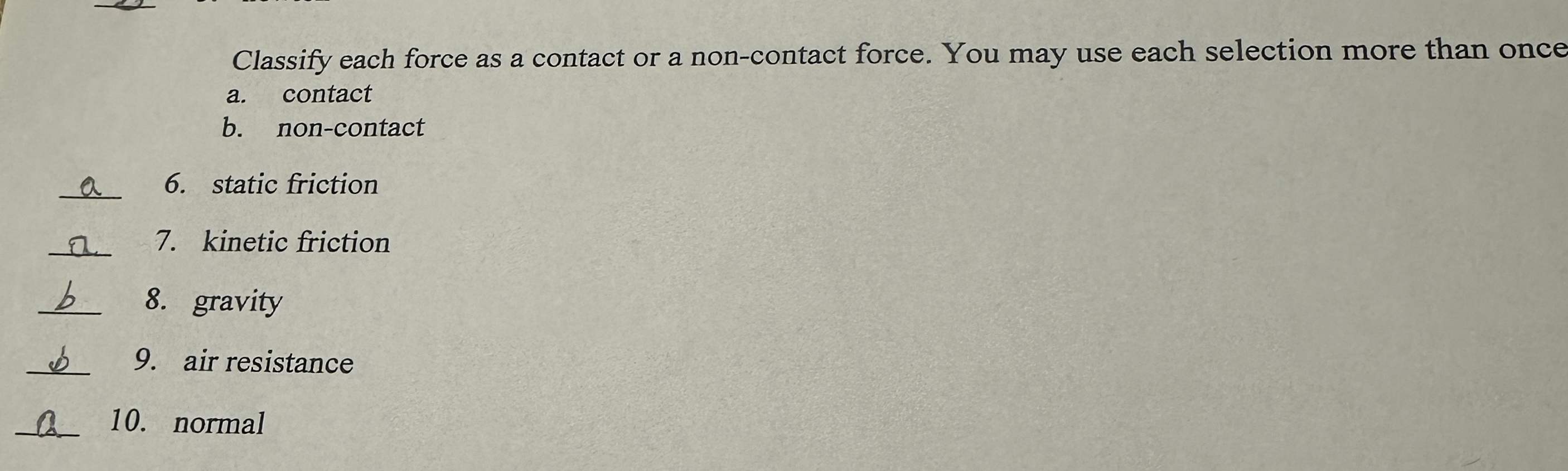 Classify each force as a contact or a non -