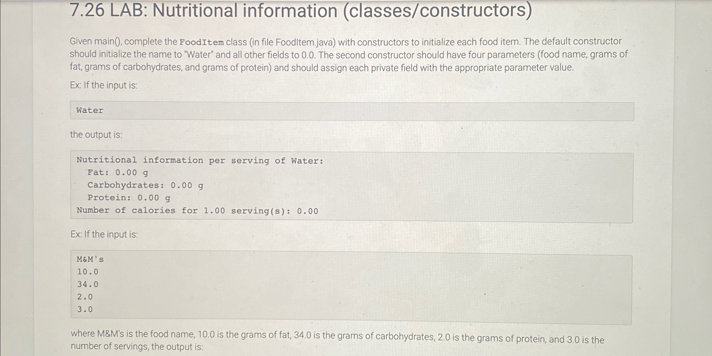 7 . 2 6 LAB: Nutritional information ( classes /