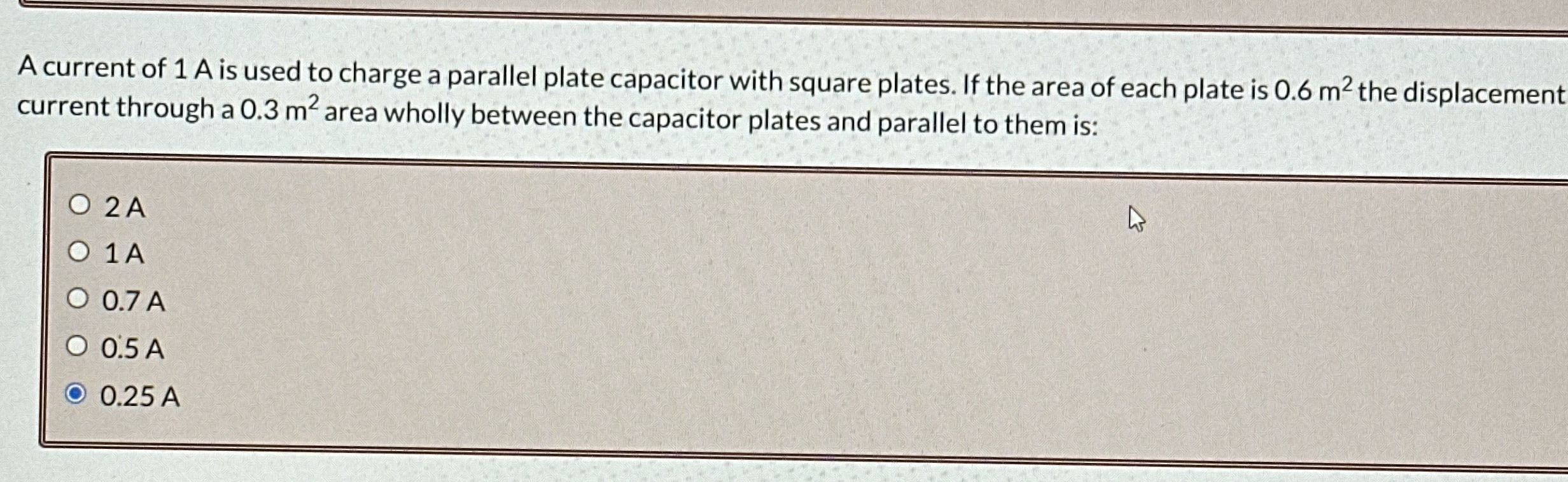 A current of 1 A is used to charge a parallel
