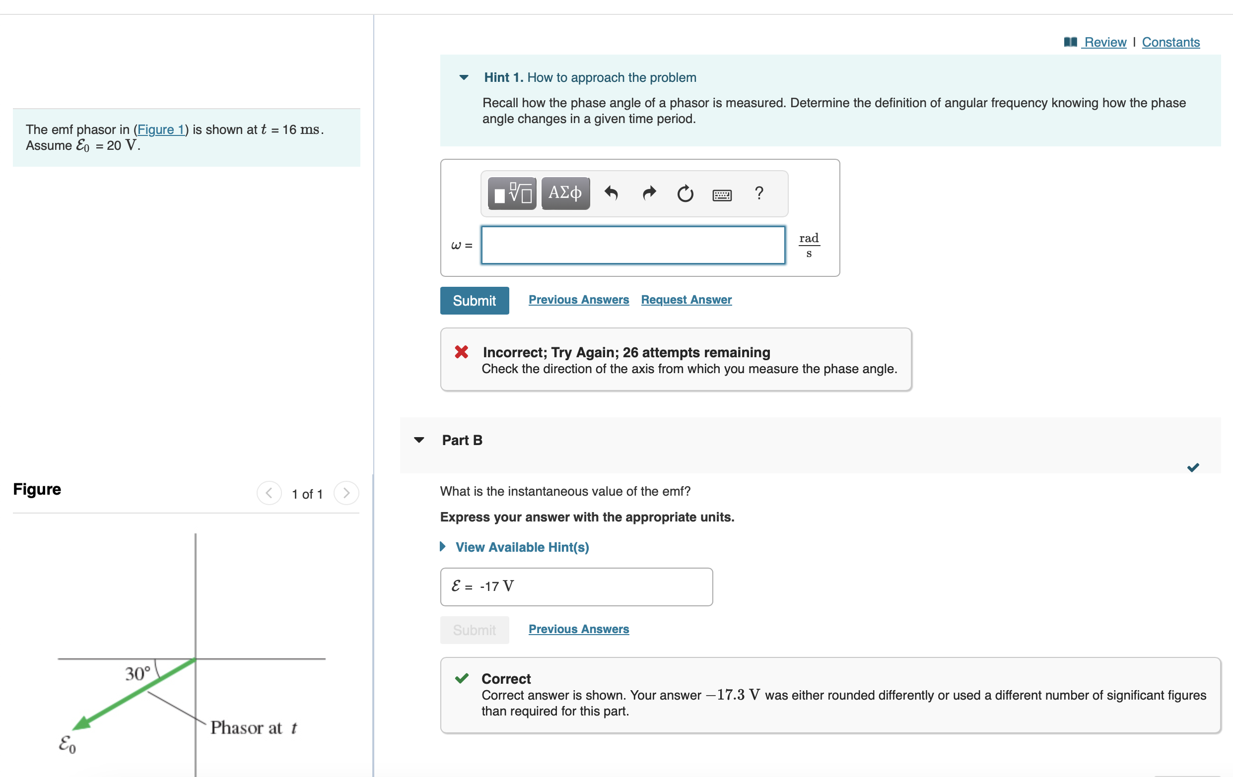 The emf phasor in ( Figure 1 ) is shown at \ ( t