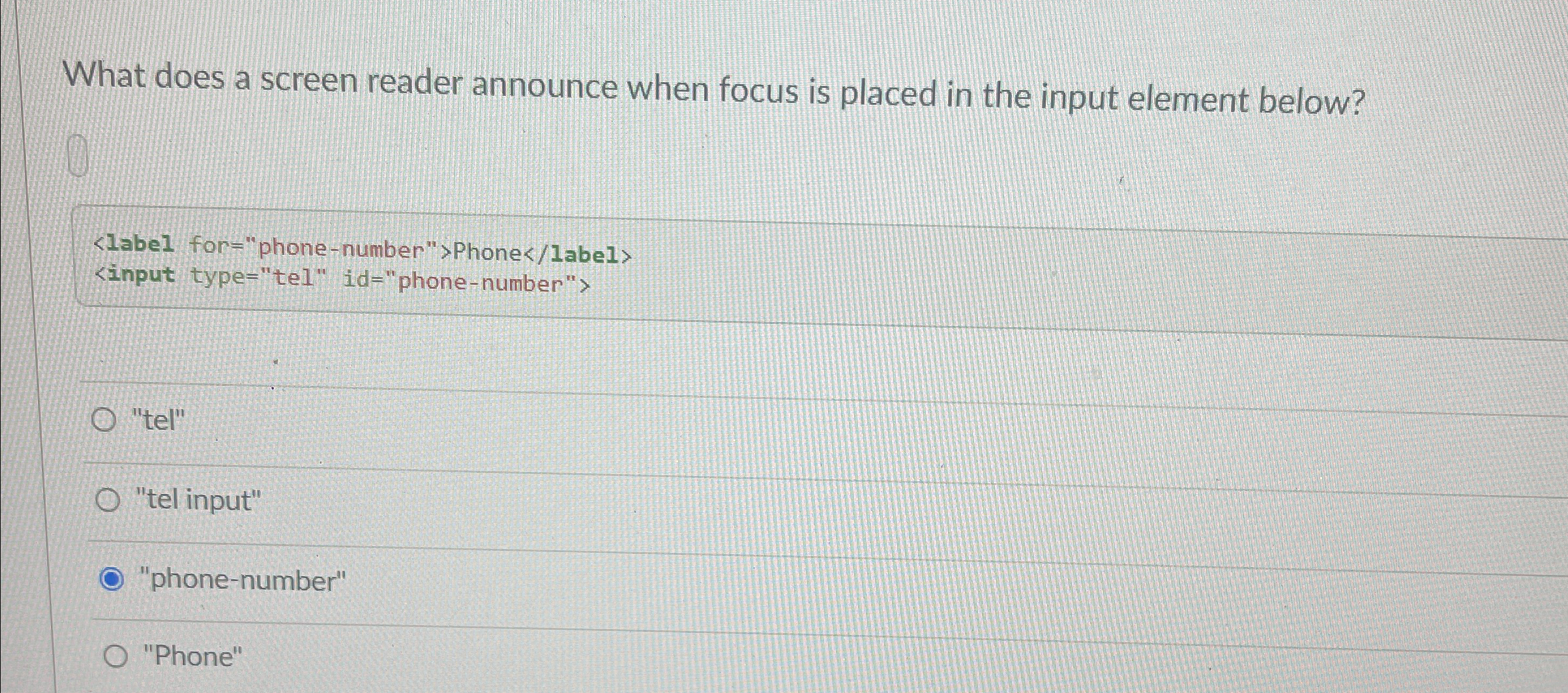 What does a screen reader announce when focus is