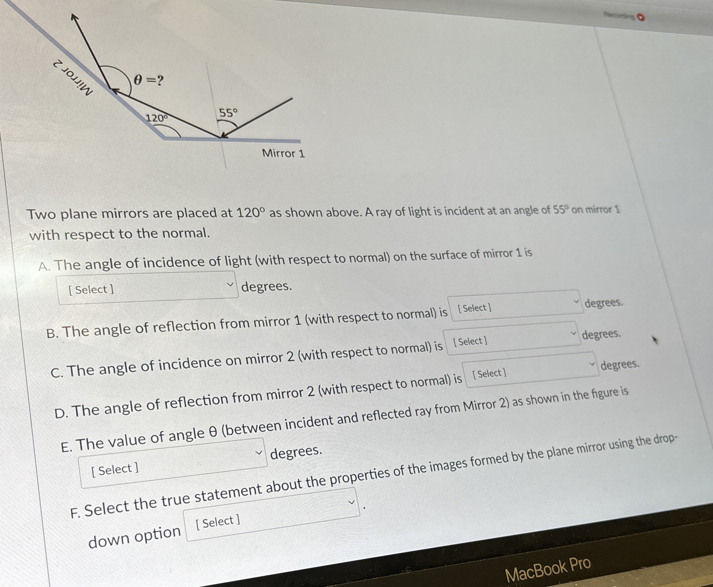 Two plane mirrors are placed at 1 2 0 as shown