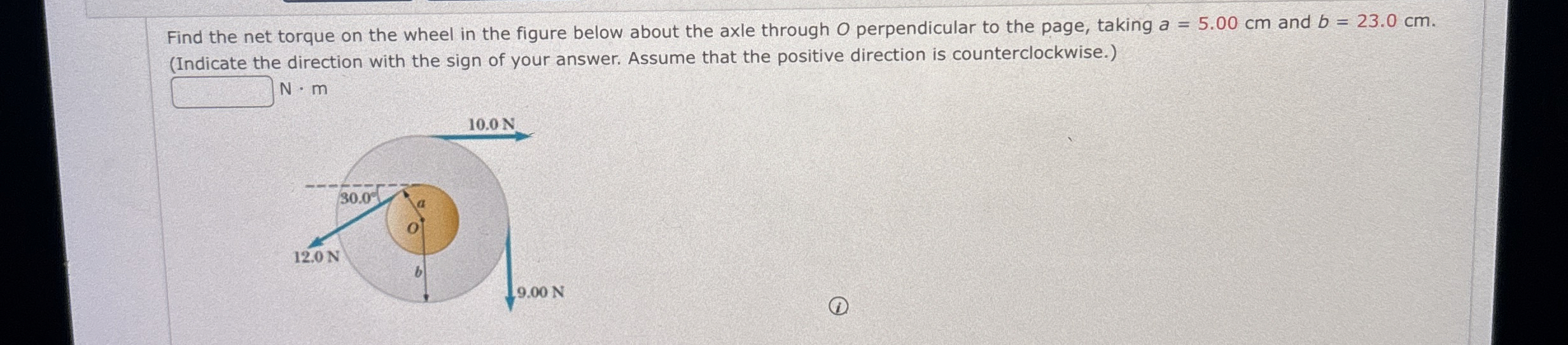 Find the net torque on the wheel in the figure