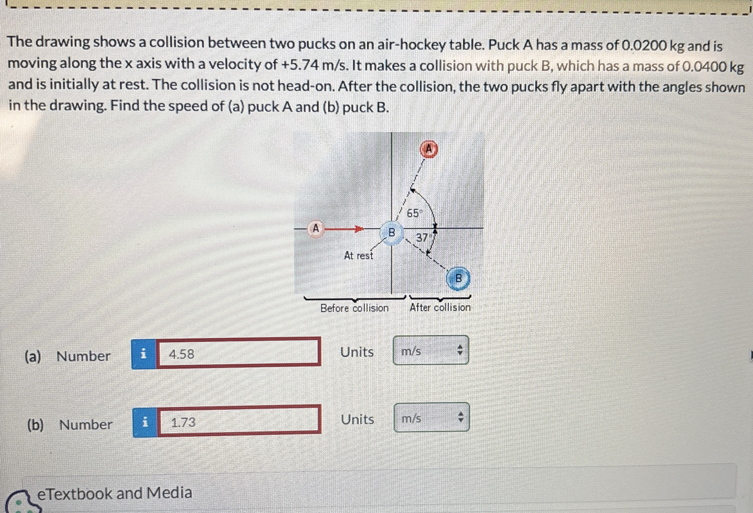 The drawing shows a collision between two pucks