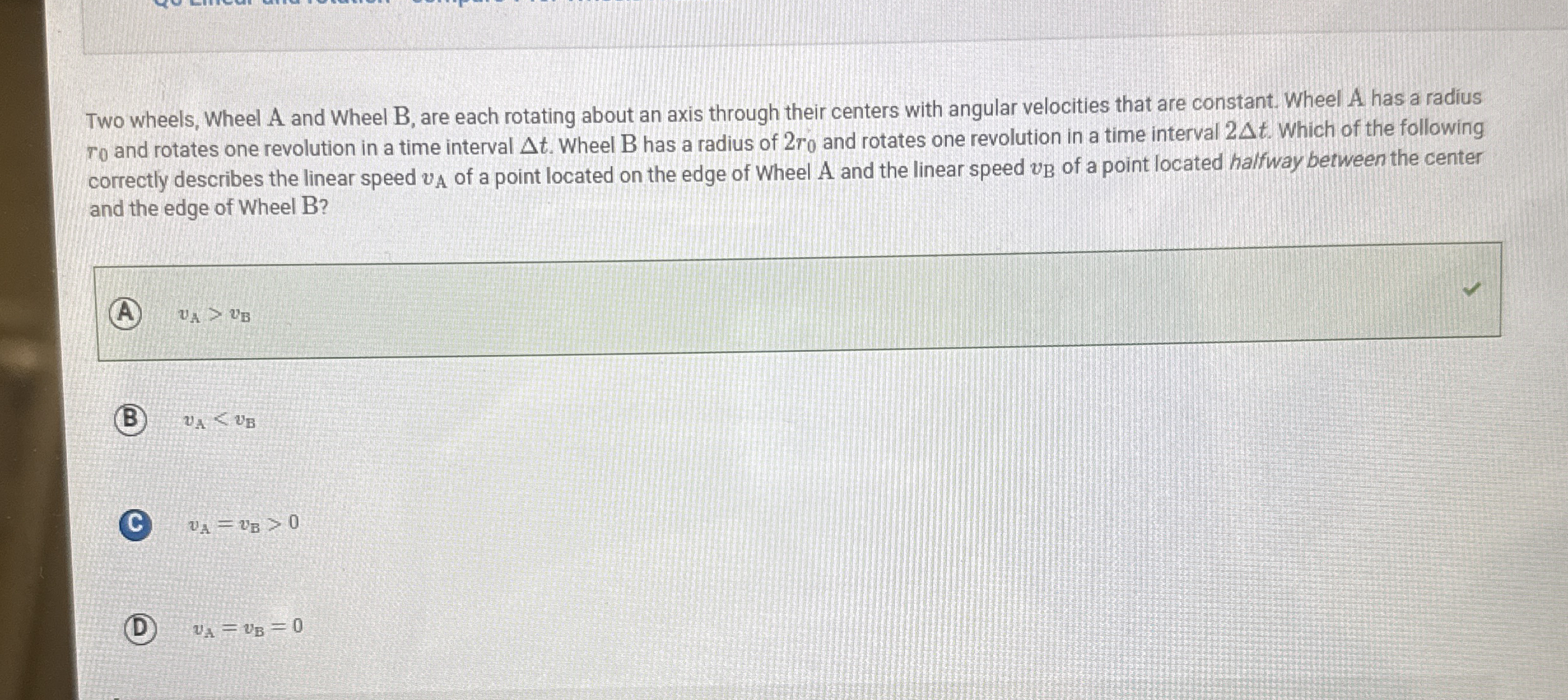 Two wheels, Wheel A and Wheel B , are each