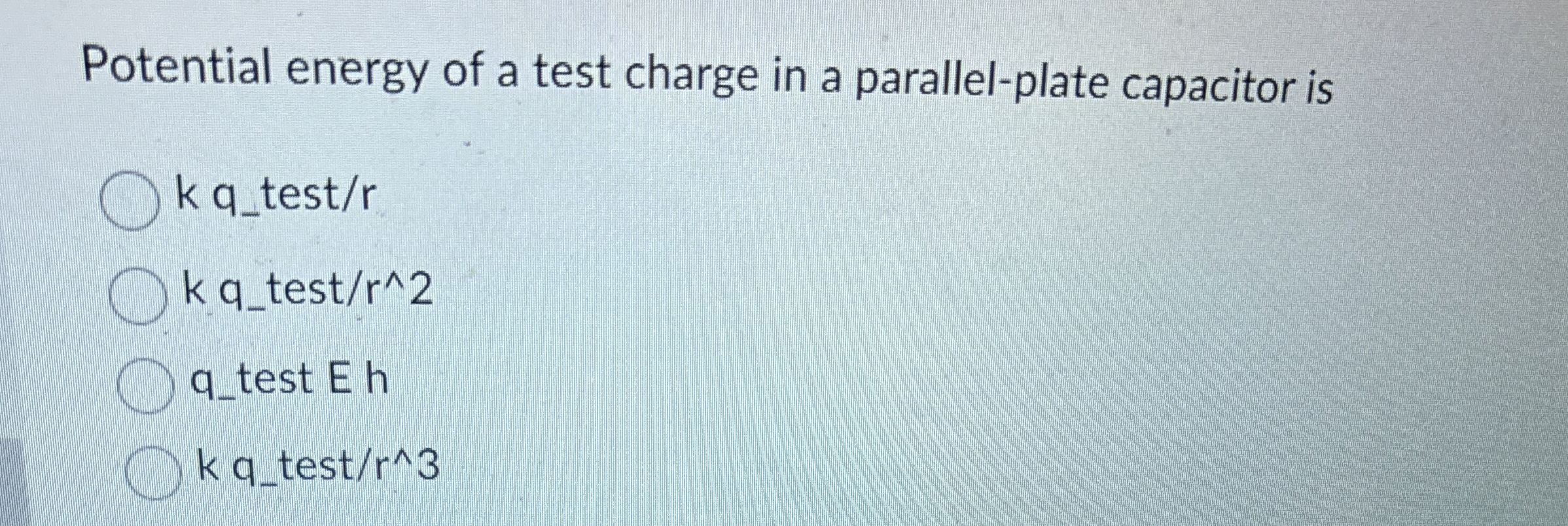 Potential energy of a test charge in a parallel -
