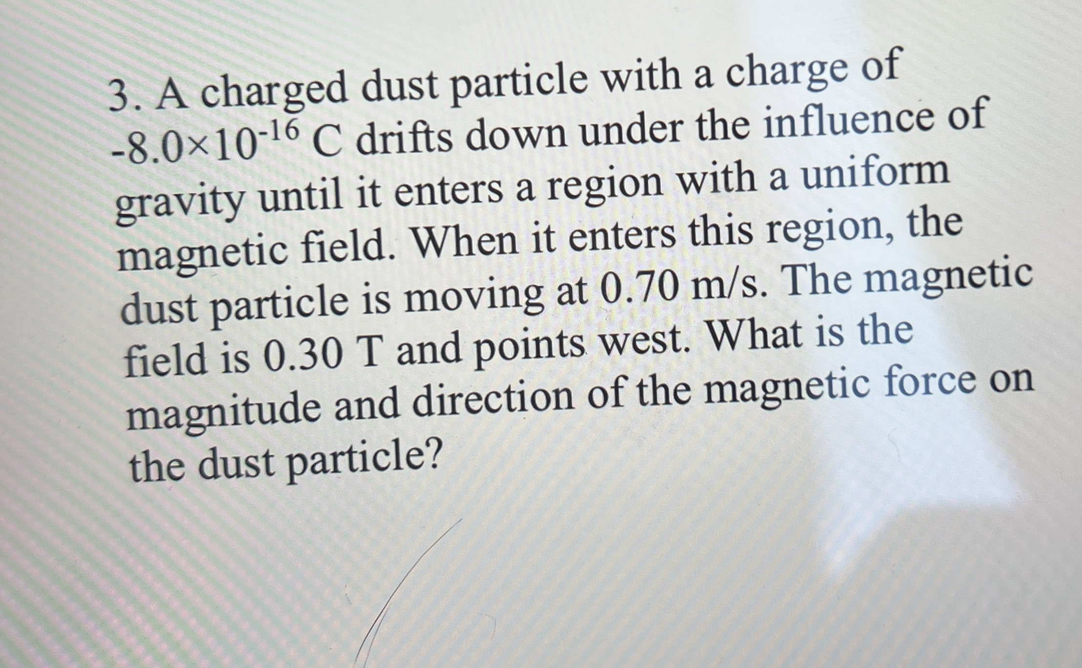 A charged dust particle with a charge of - 8 . 0