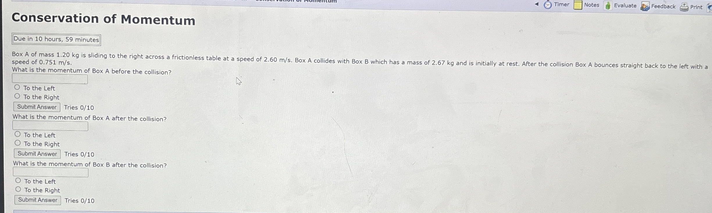 Conservation of Momentum Timer Notes Evaluate