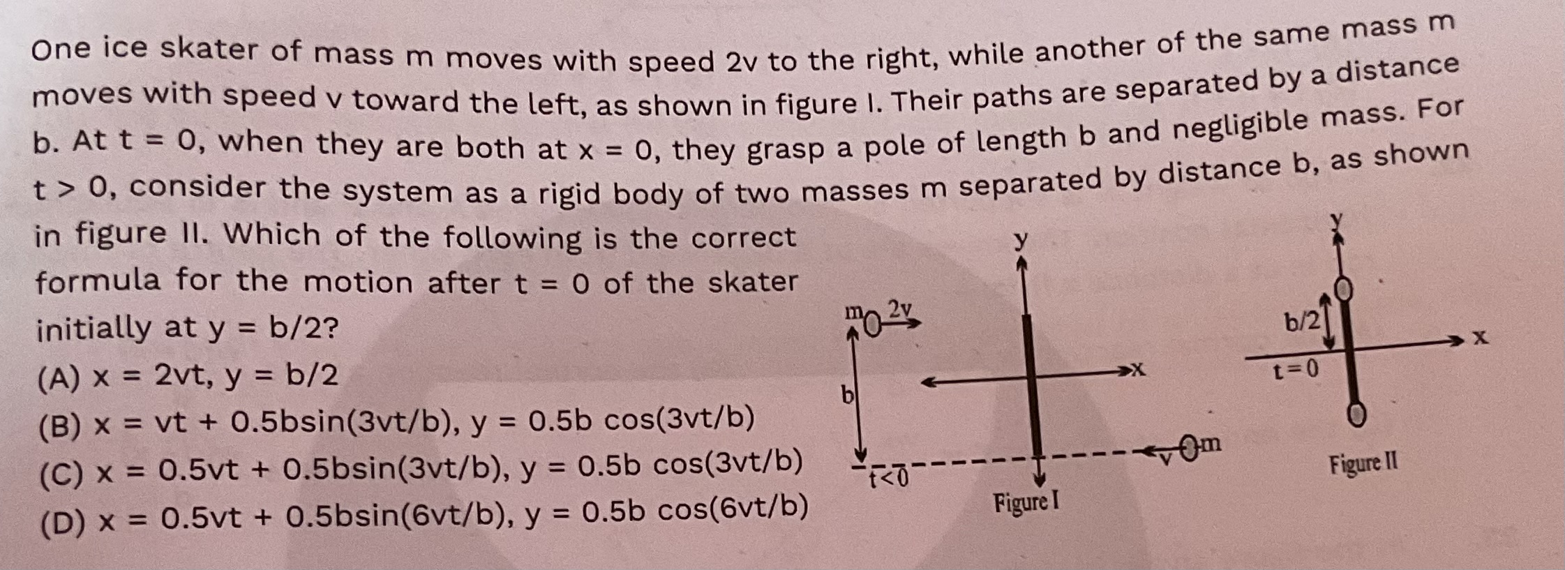 One ice skater of mass m moves with speed 2 v to