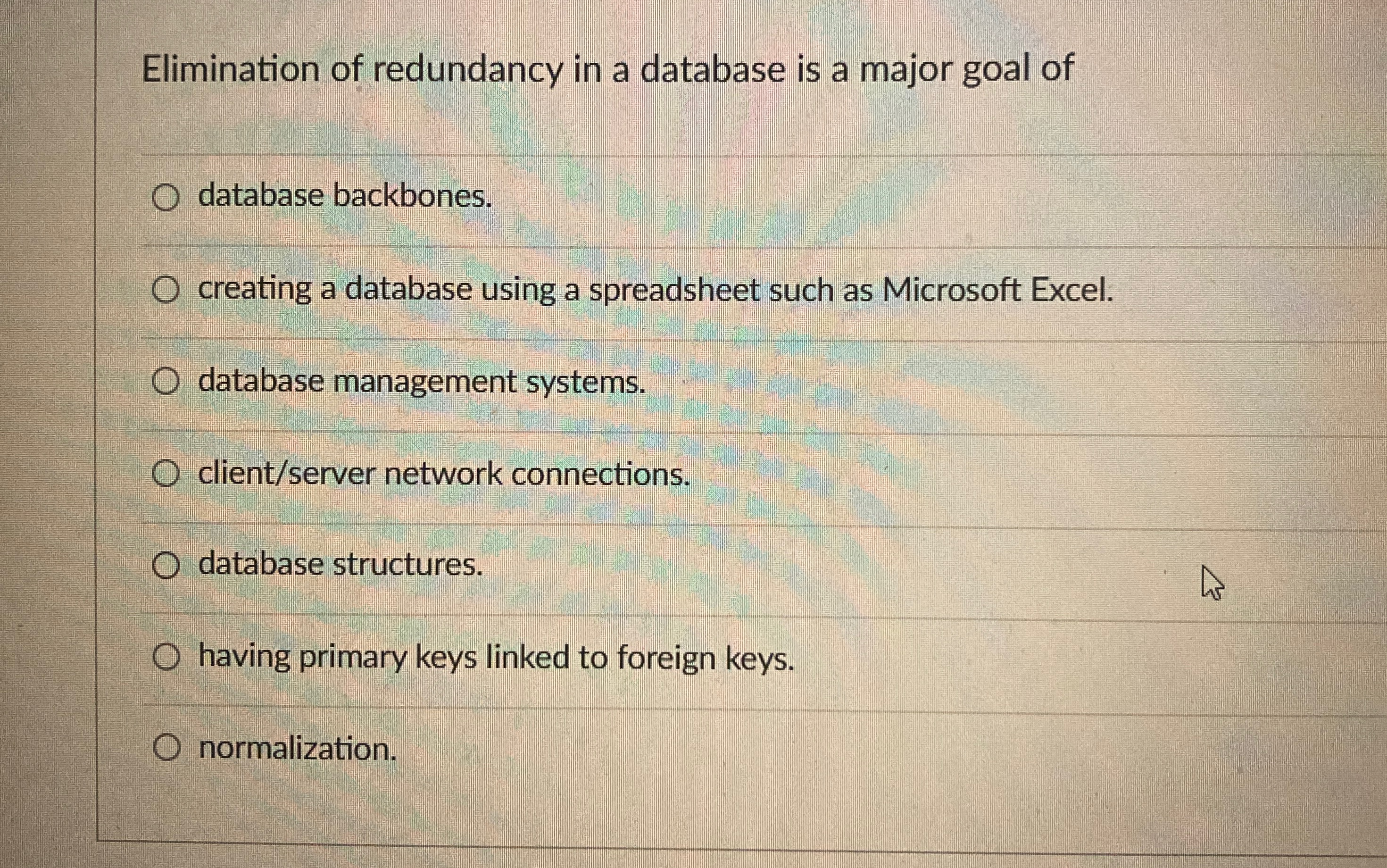 Elimination of redundancy in a database is a
