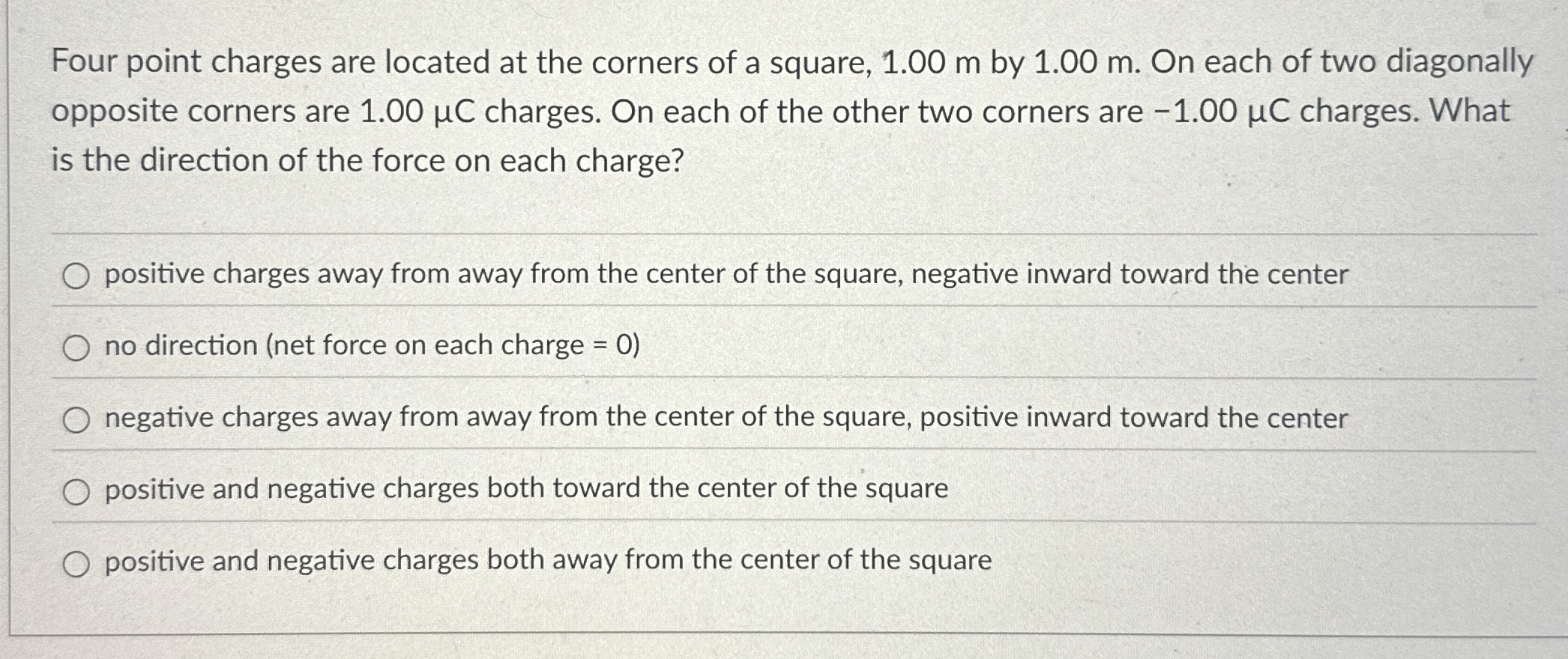 Four point charges are located at the corners of