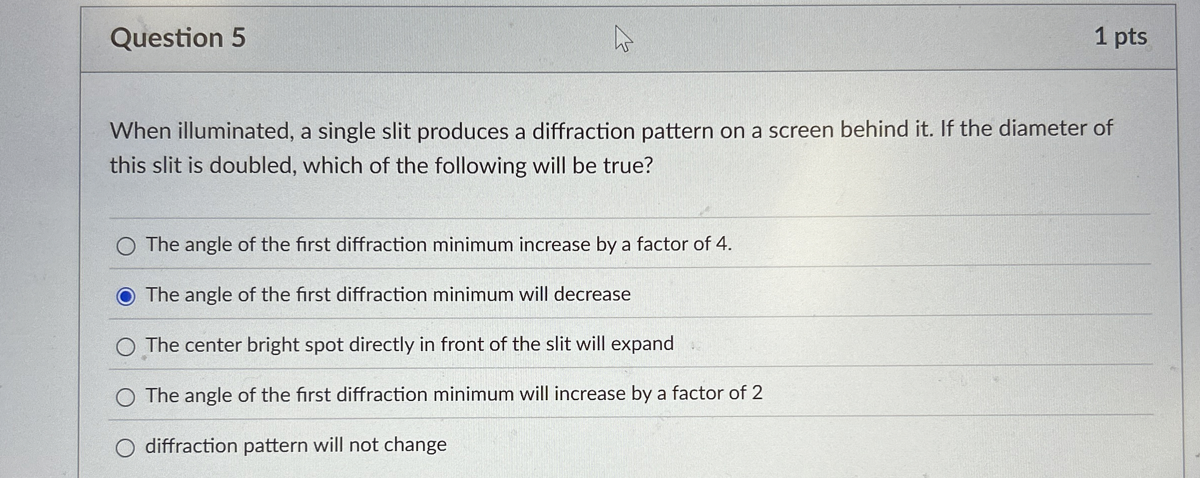 Question 5 1 pts When illuminated, a single slit