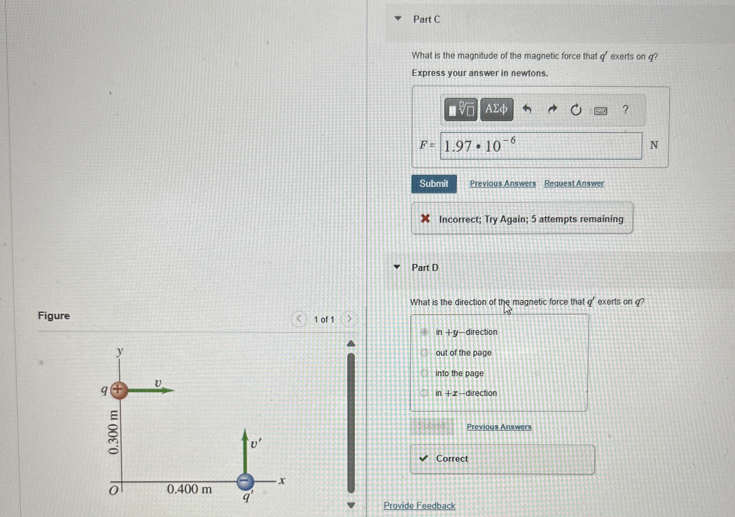 A pair of point charges, q = + 8 . 5 0 C and q '