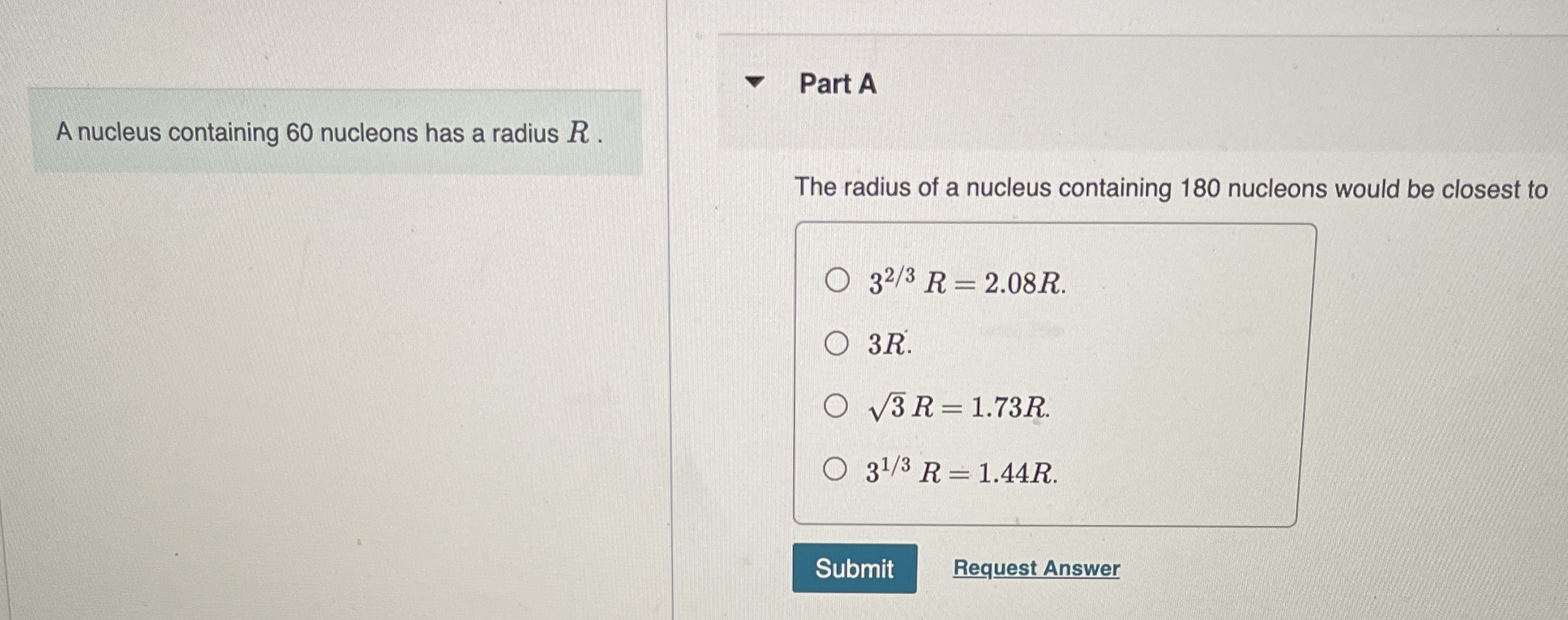 A nucleus containing 6 0 nucleons has a radius R