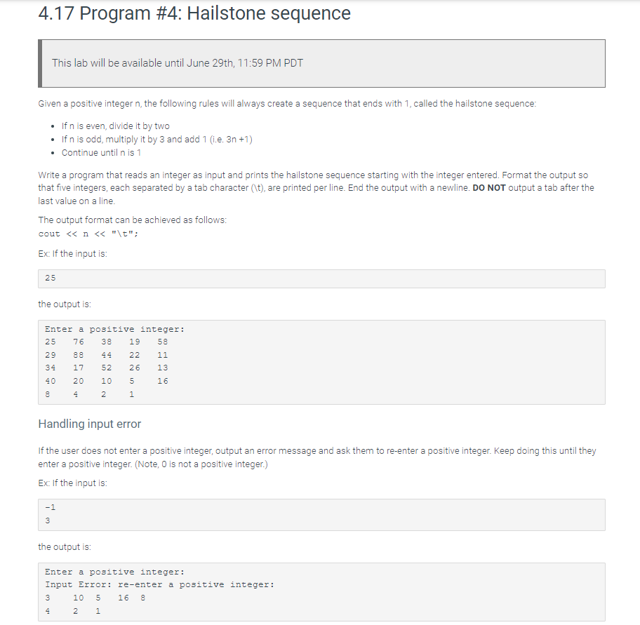 4 . 1 7 Program # 4 : Hailstone sequence C + +