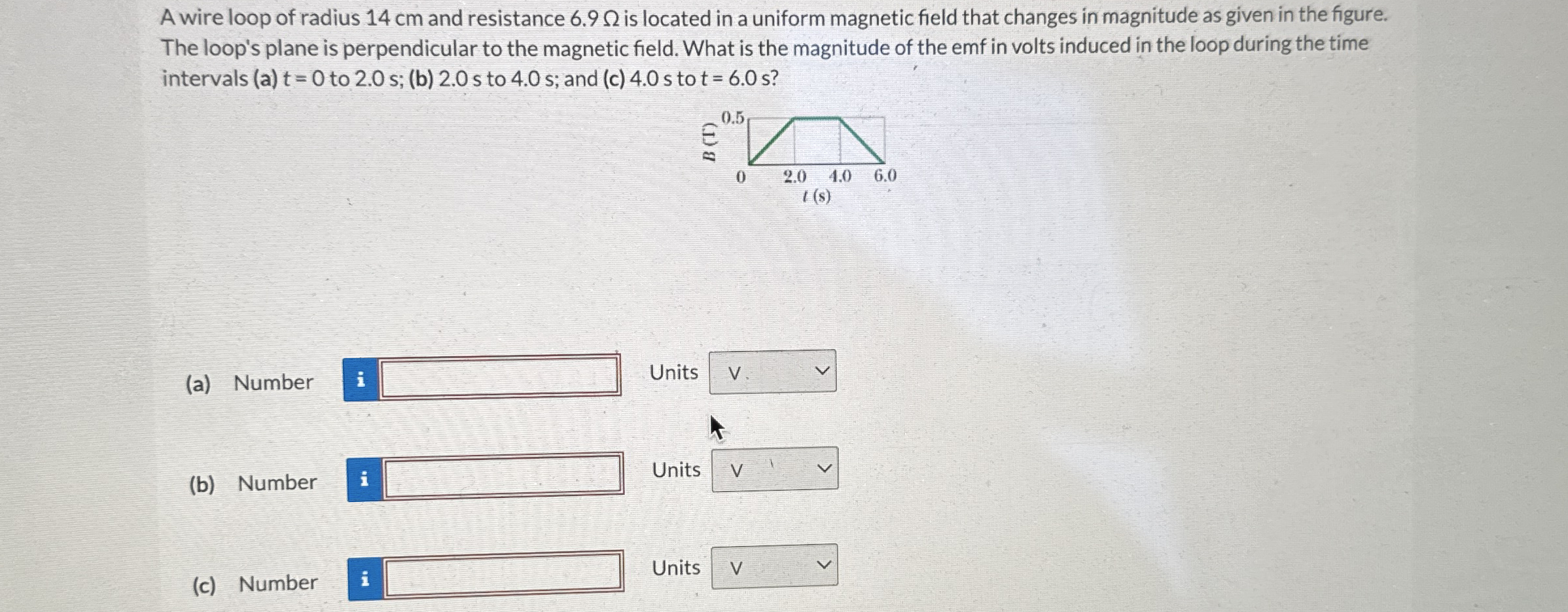 A wire loop of radius 1 4 cm and resistance 6 . 9