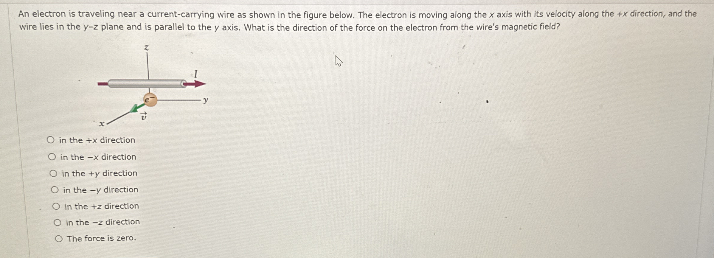An electron is traveling near a current -