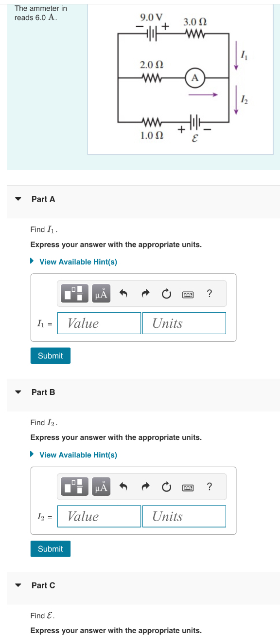 The ammeter in reads 6 . 0 A . Part A Find I 1 .