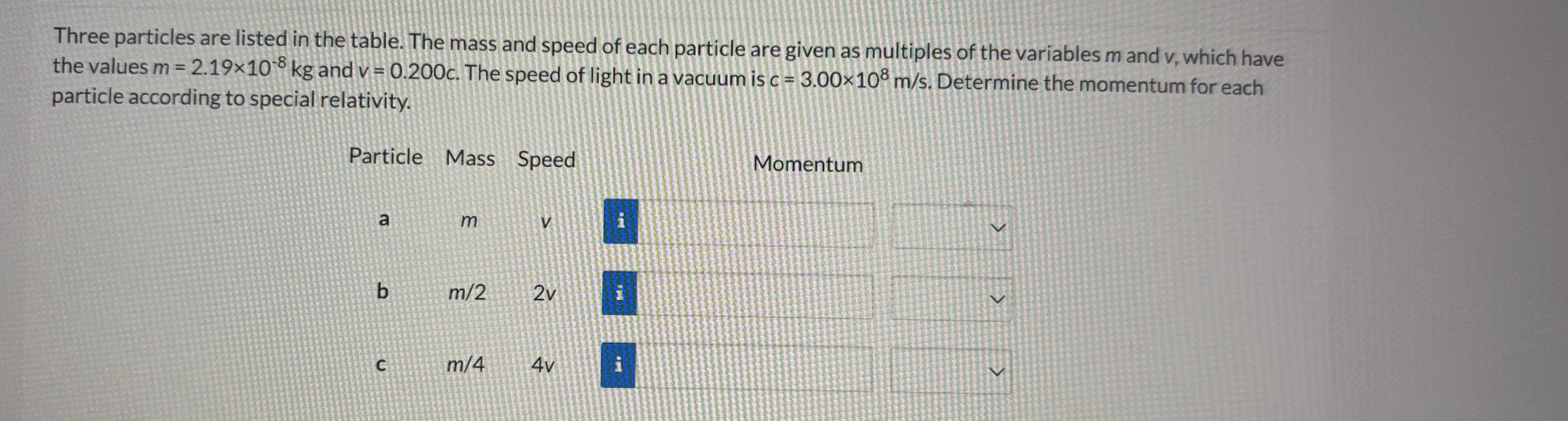Three particles are listed in the table. The mass