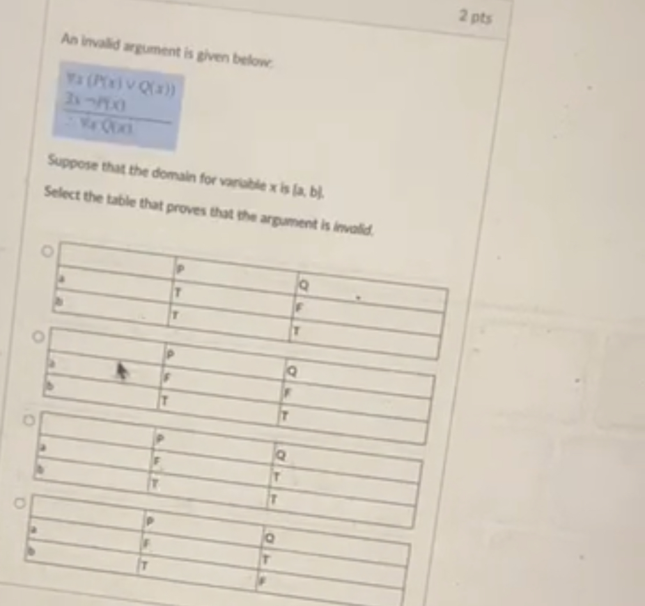 2 pts As invald argument is given below: Y x ( R