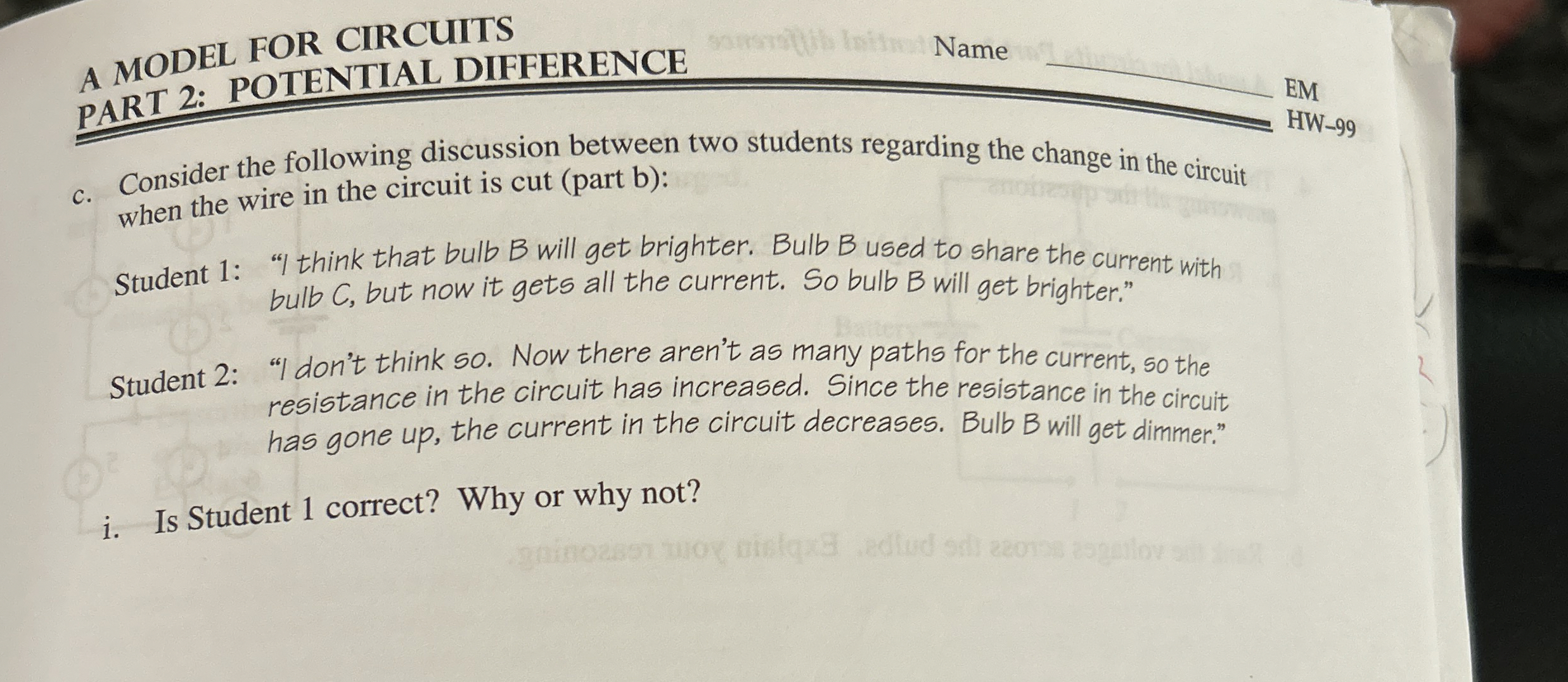 A MODEL FOR CIRCUITS PART 2 : POTENTIAL