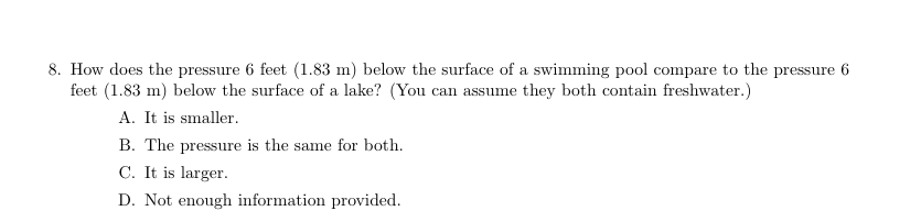 How does the pressure 6 feet ( 1 . 8 3 m ) below