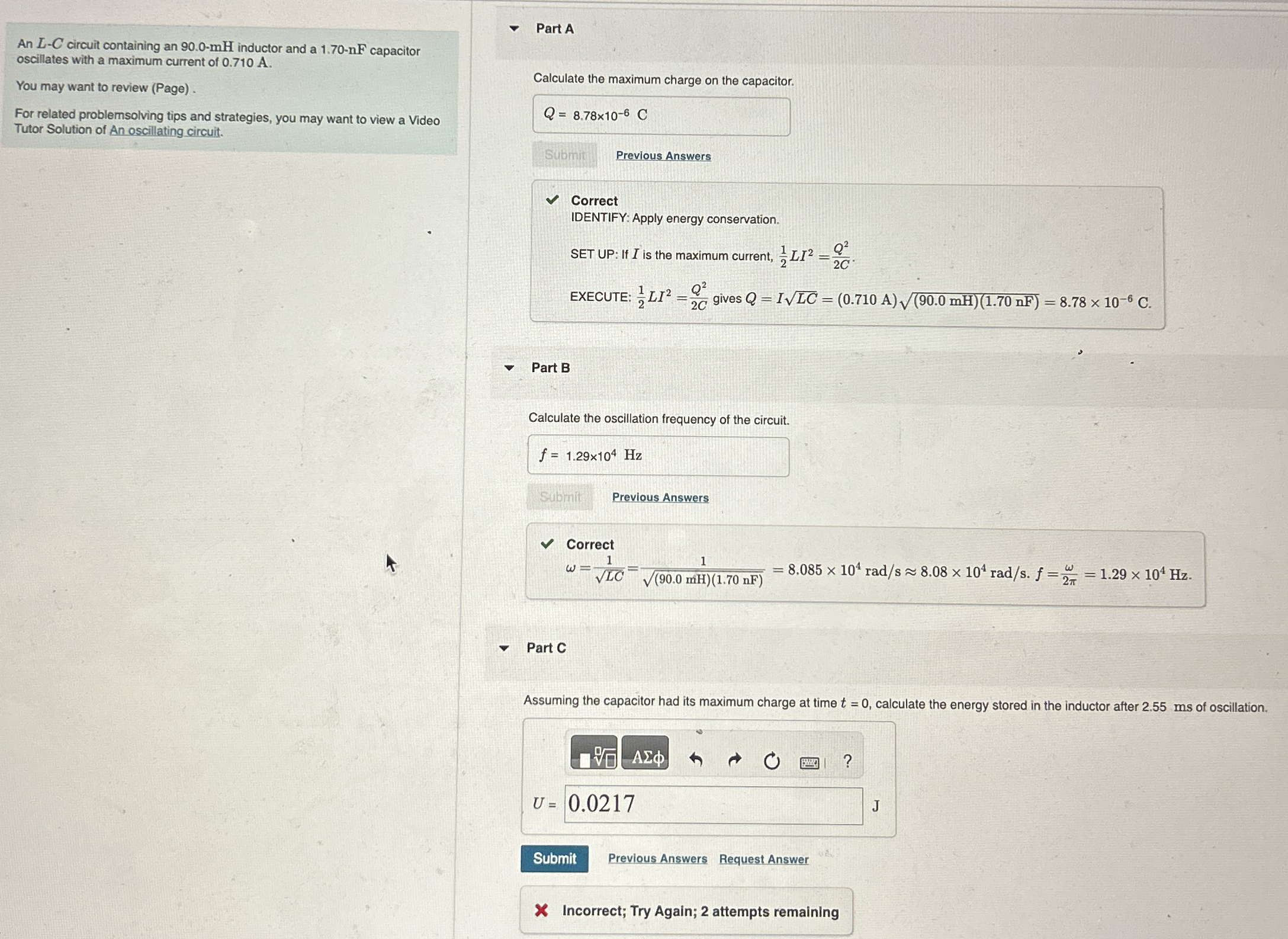 An L - C circuit containing an 9 0 . 0 - m H