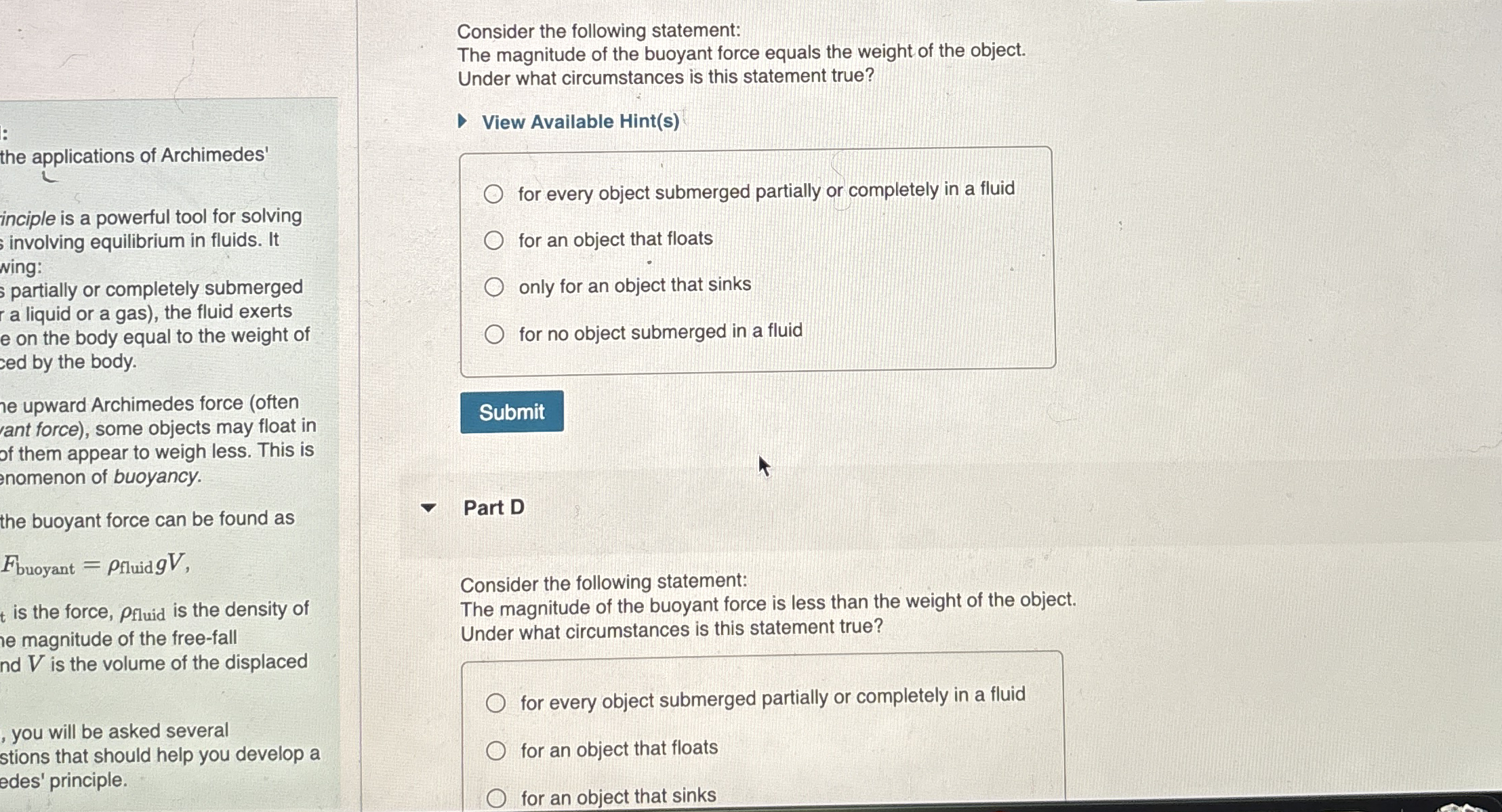 q , the applications of Archimedes' inciple is a