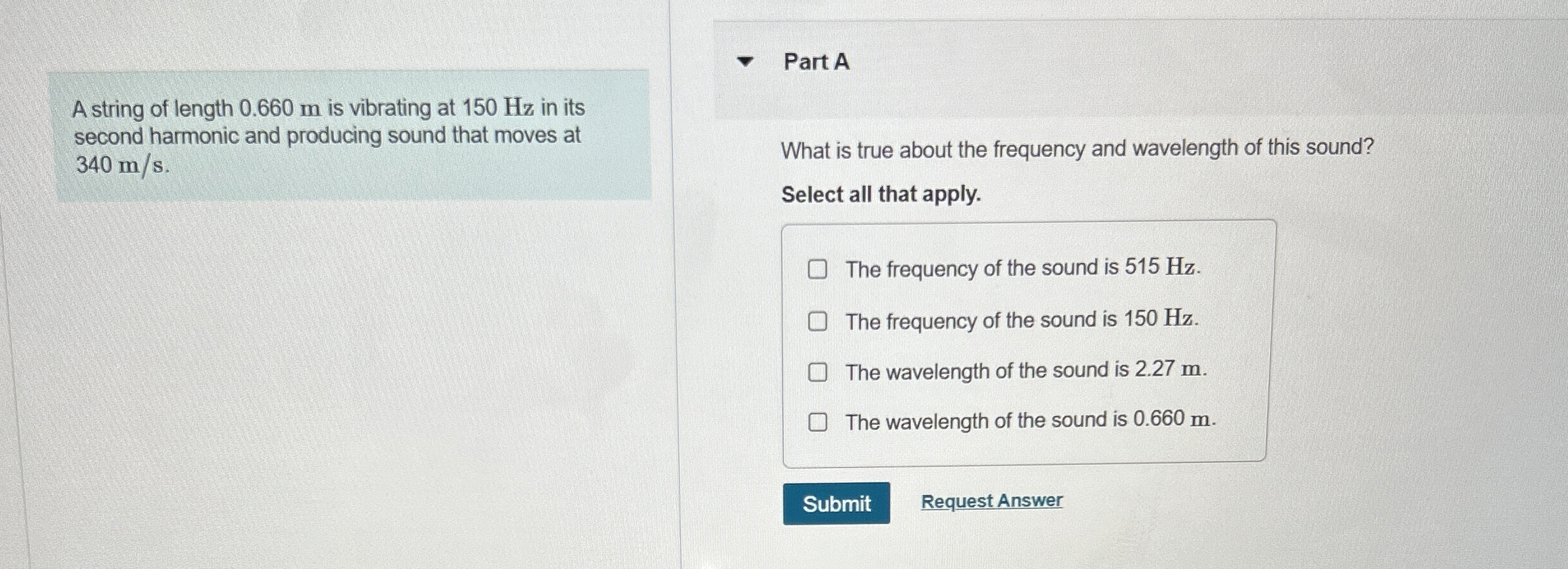 A string of length 0 . 6 6 0 m is vibrating at 1