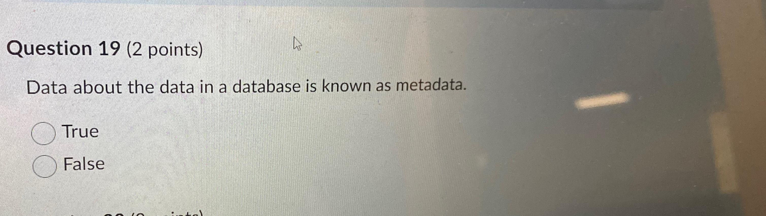 Question 1 9 ( 2 points ) Data about the data in