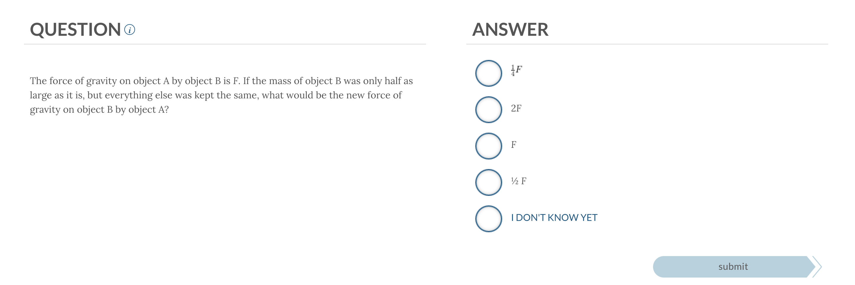 The force of gravity on object A by object B is F