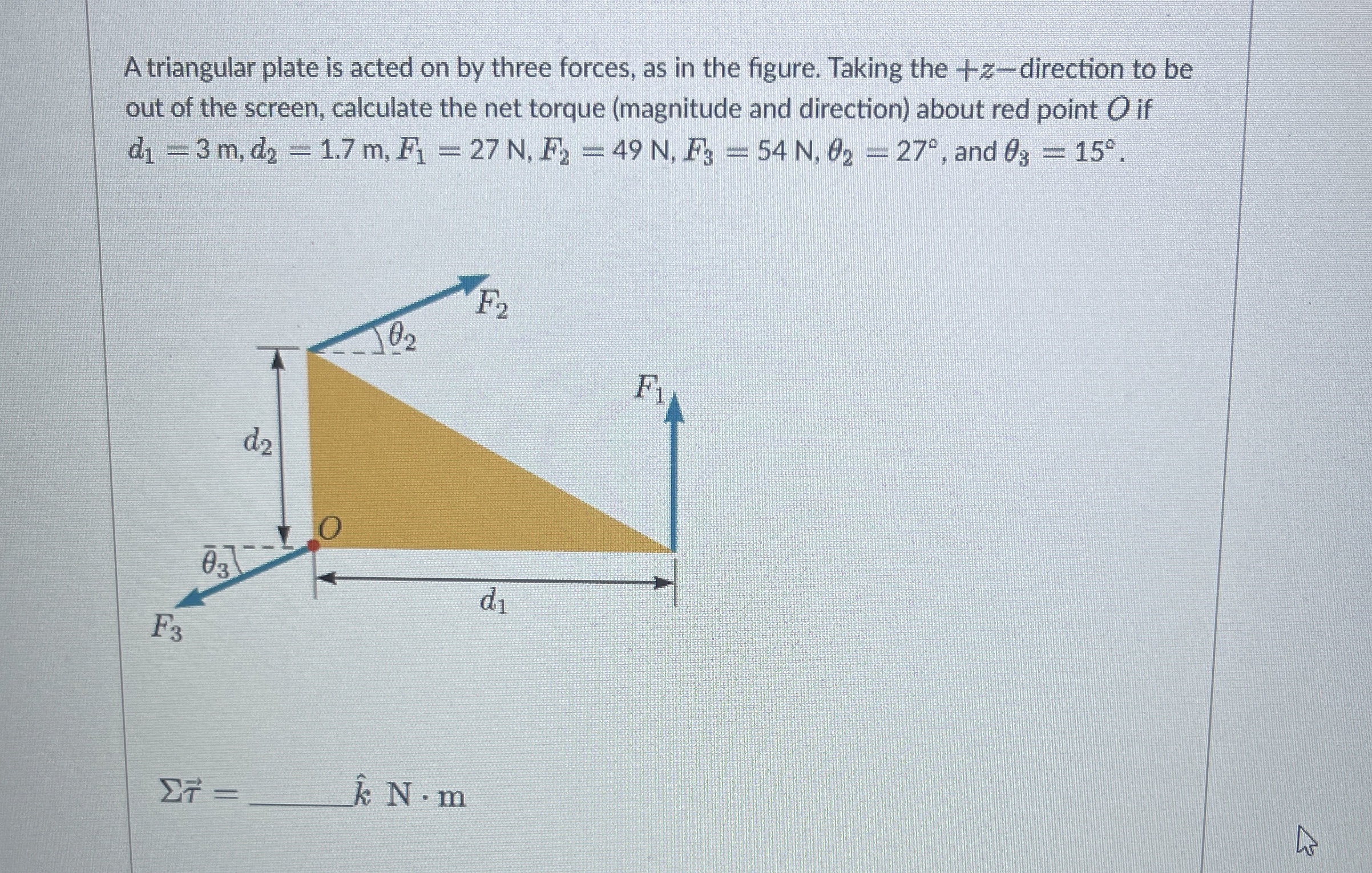 A triangular plate is acted on by three forces,