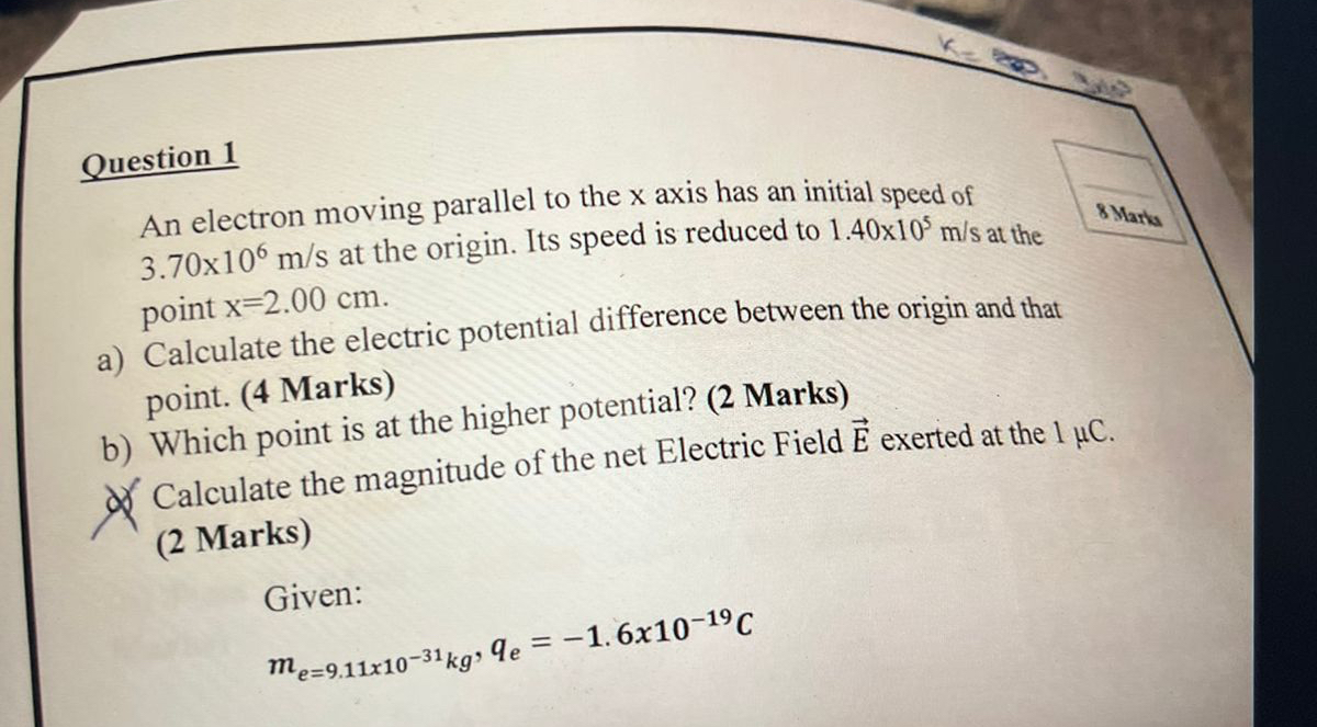 Question 1 An electron moving parallel to the x
