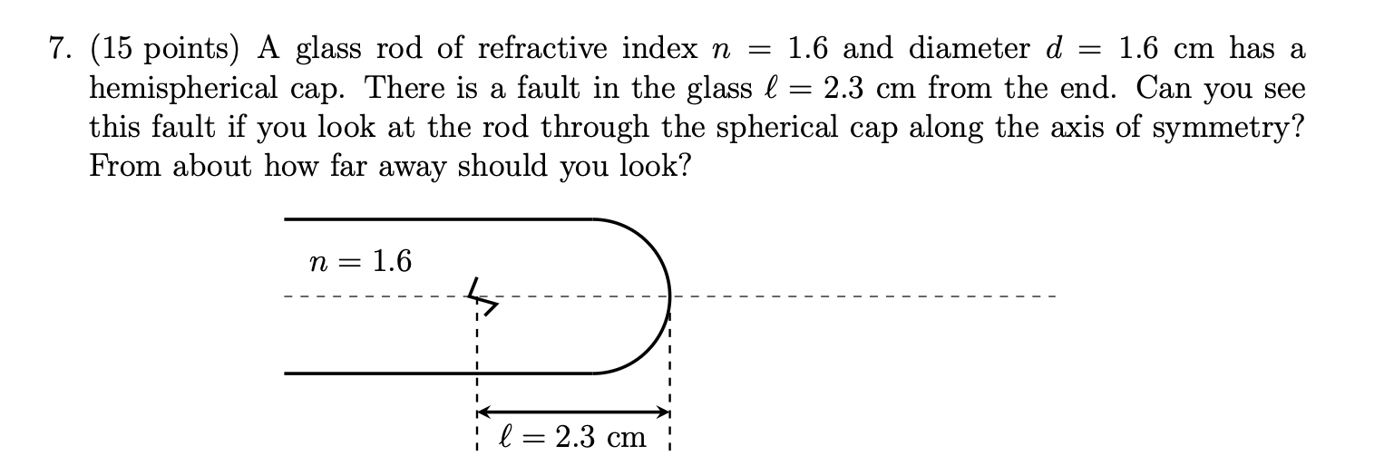 7 . ( 1 5 points ) A glass rod of refractive