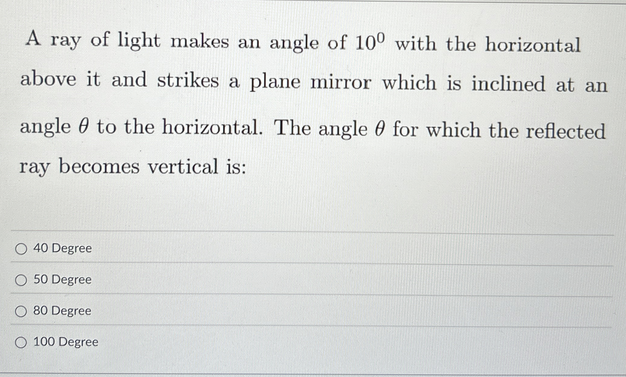 A ray of light makes an angle of 1 0 0 with the