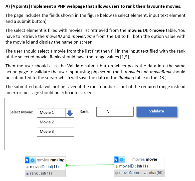 A ) [ 4 points ] Implement a PHP webpage that