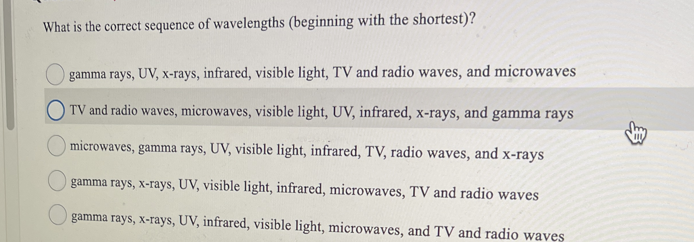 What is the correct sequence of wavelengths (