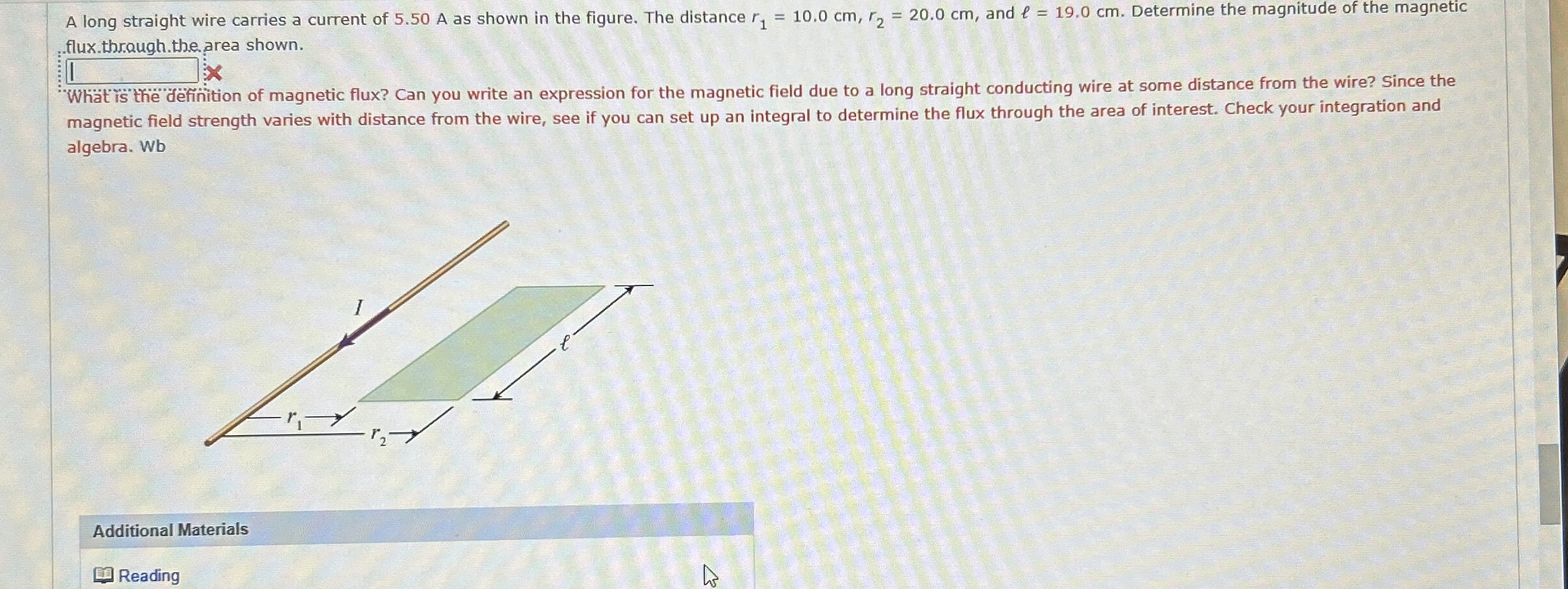 A long straight wire carries a current of 5 . 5 0