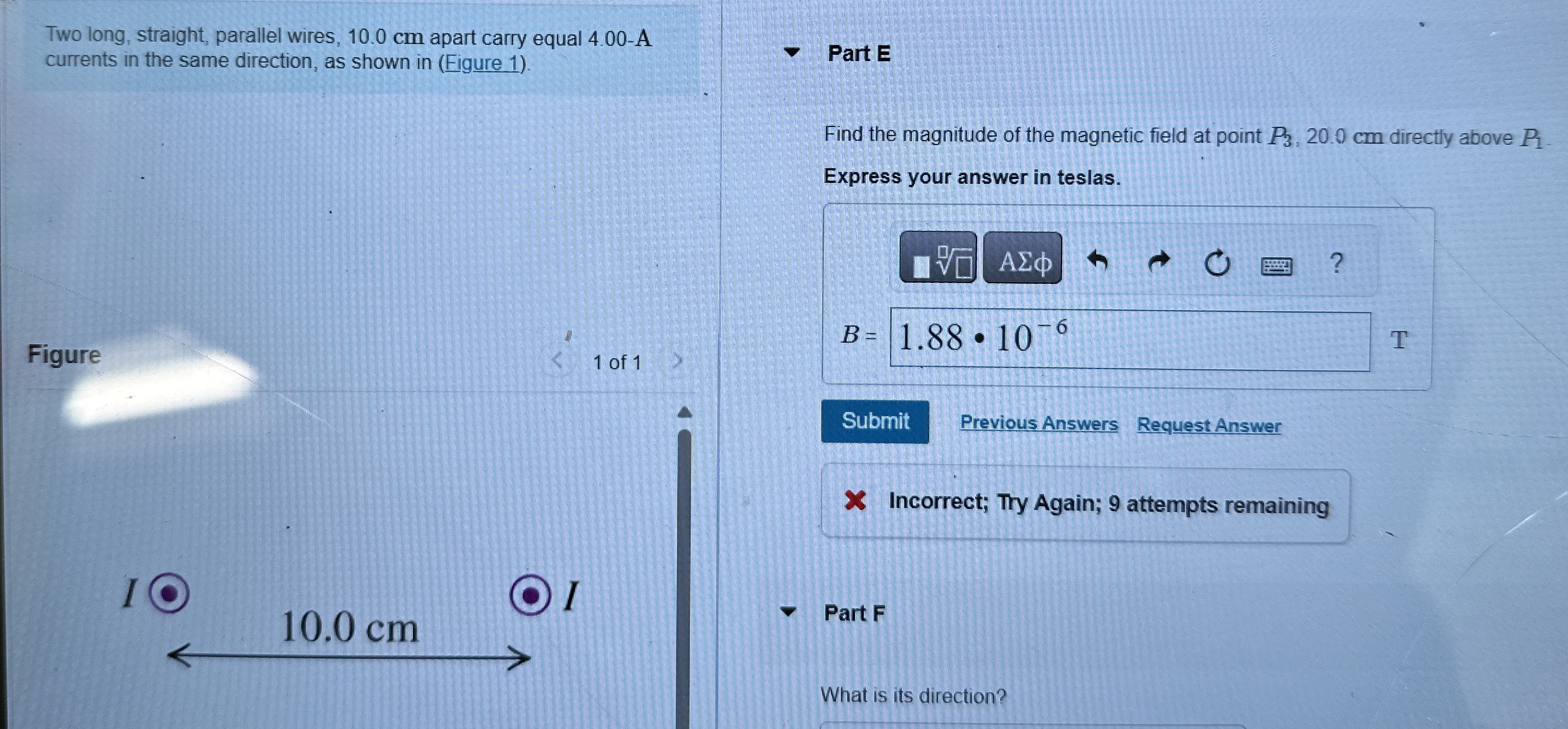 Two long, straight, parallel wires, 1 0 . 0 cm