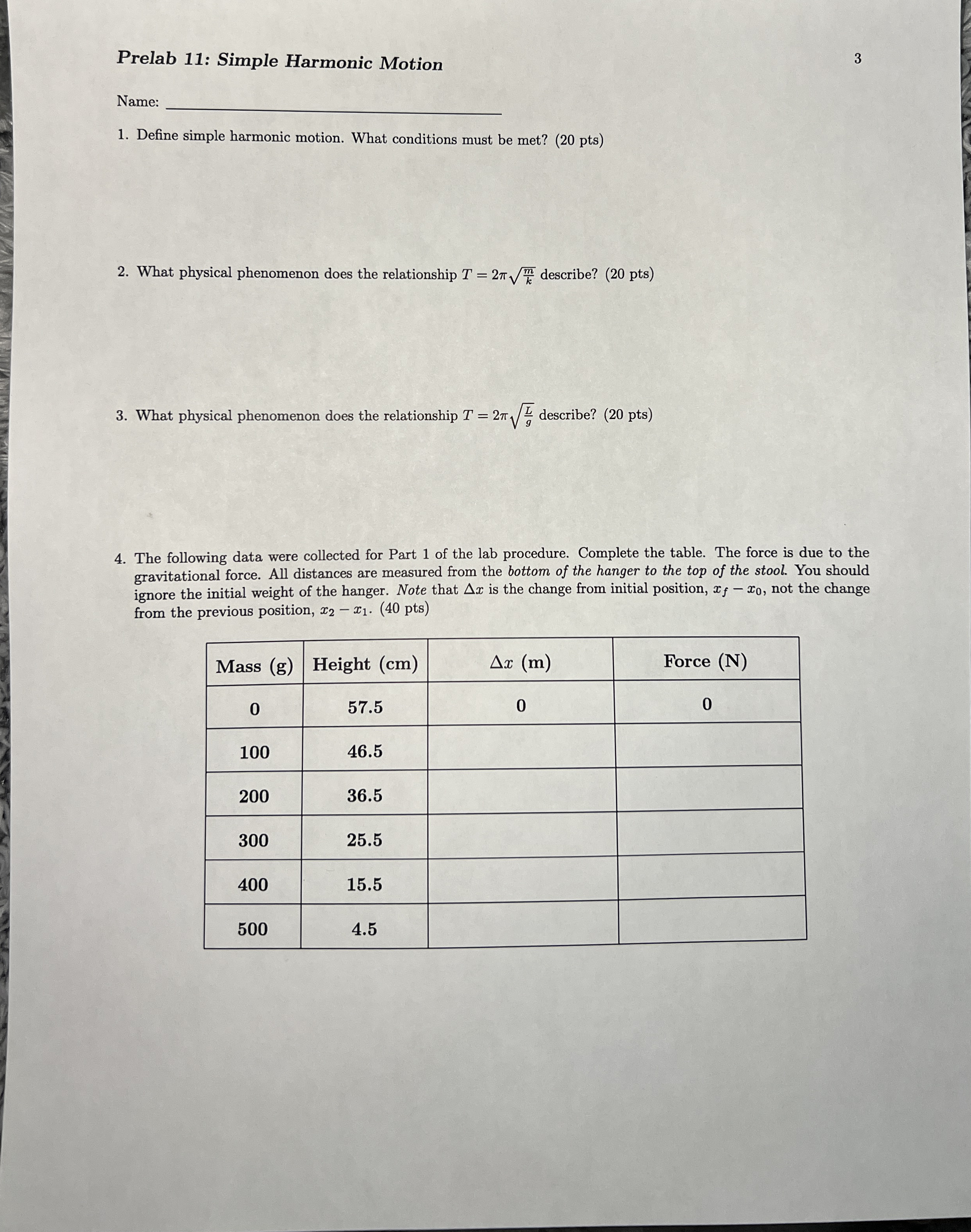 Prelab 1 1 : Simple Harmonic Motion 3 Name: q ,