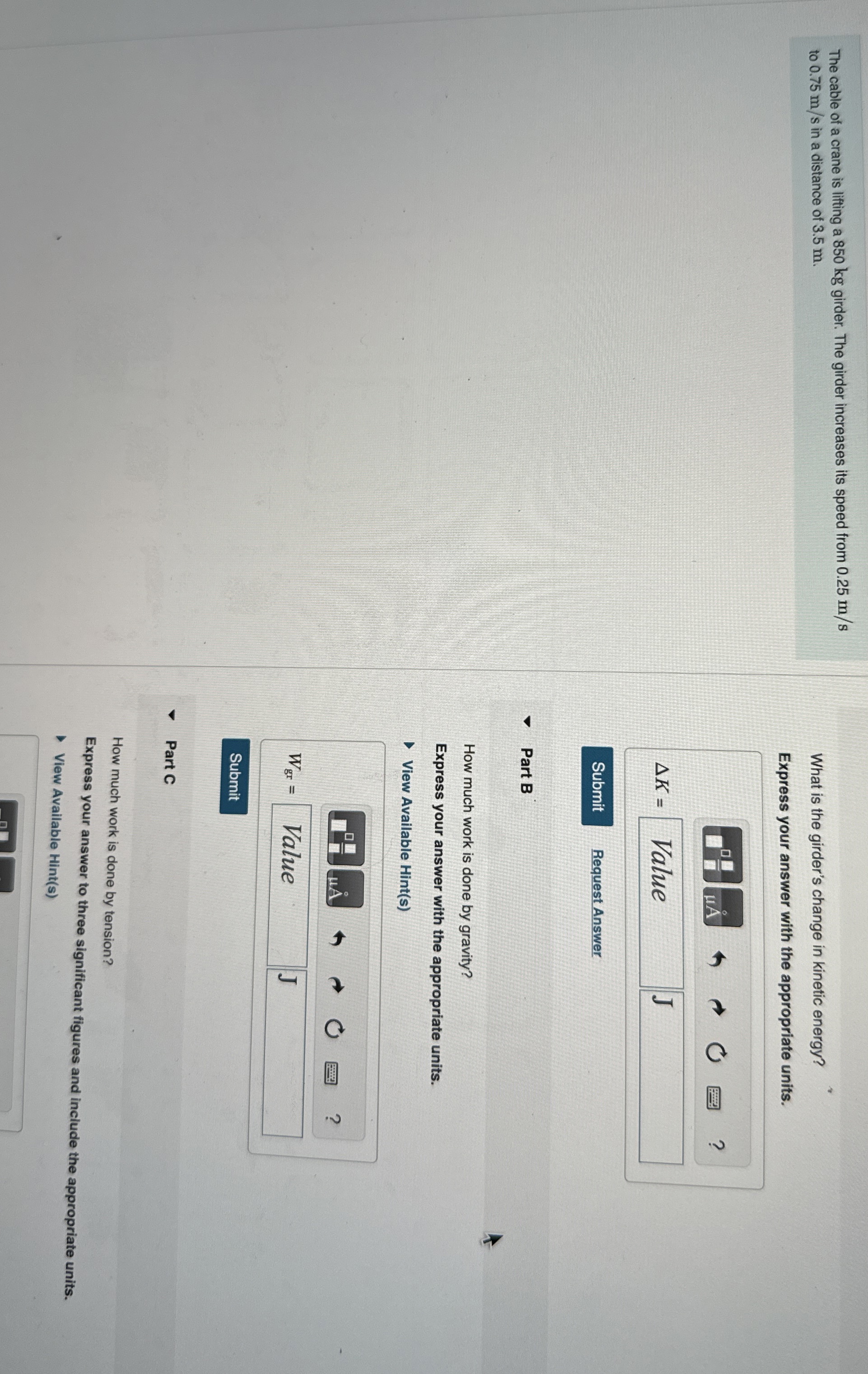 The cable of a crane is lifting a 8 5 0 kg