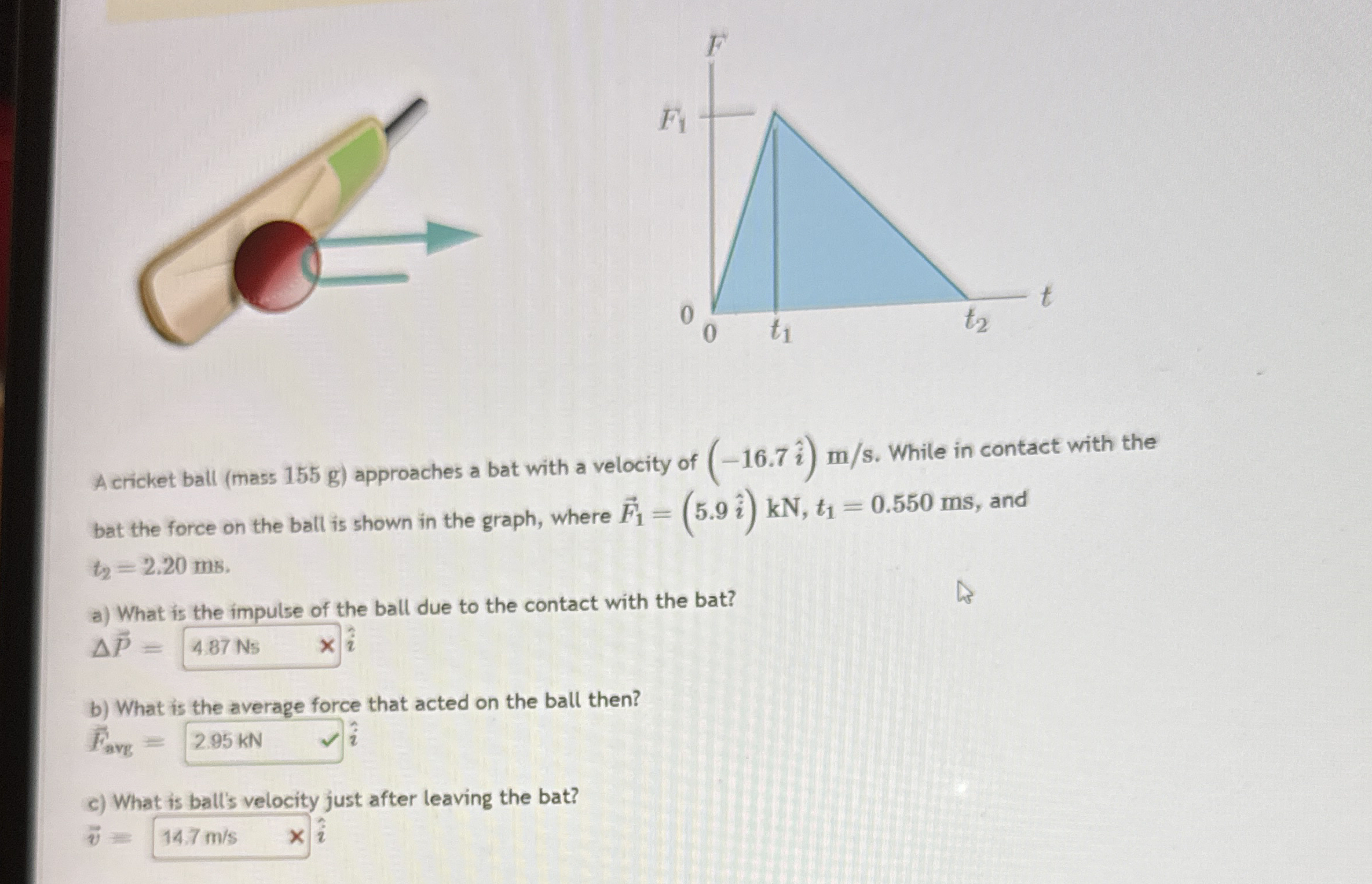 A cricket ball ( mass 1 5 5 g ) approaches a bat
