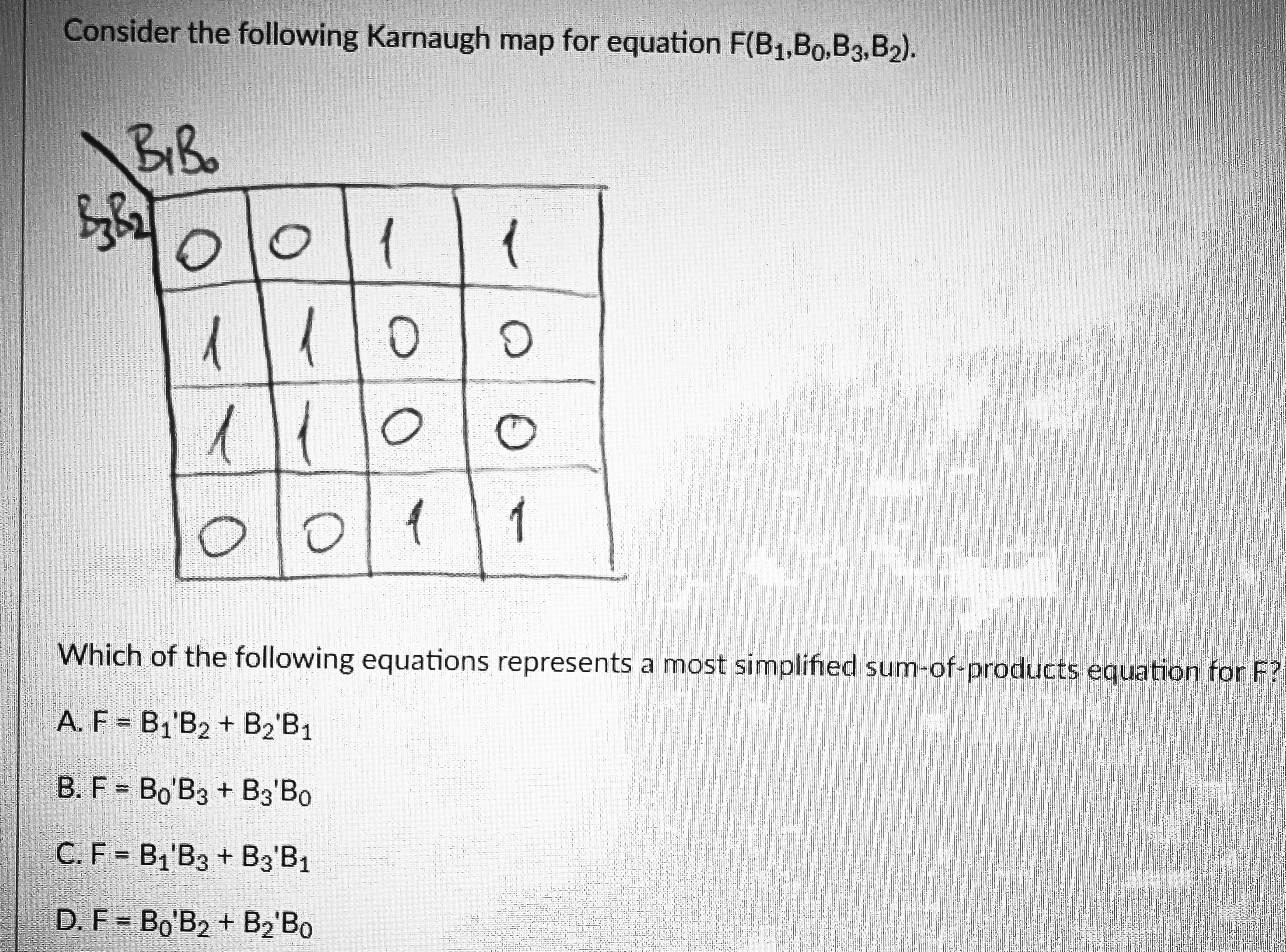 Consider the following Karnaugh map for equation